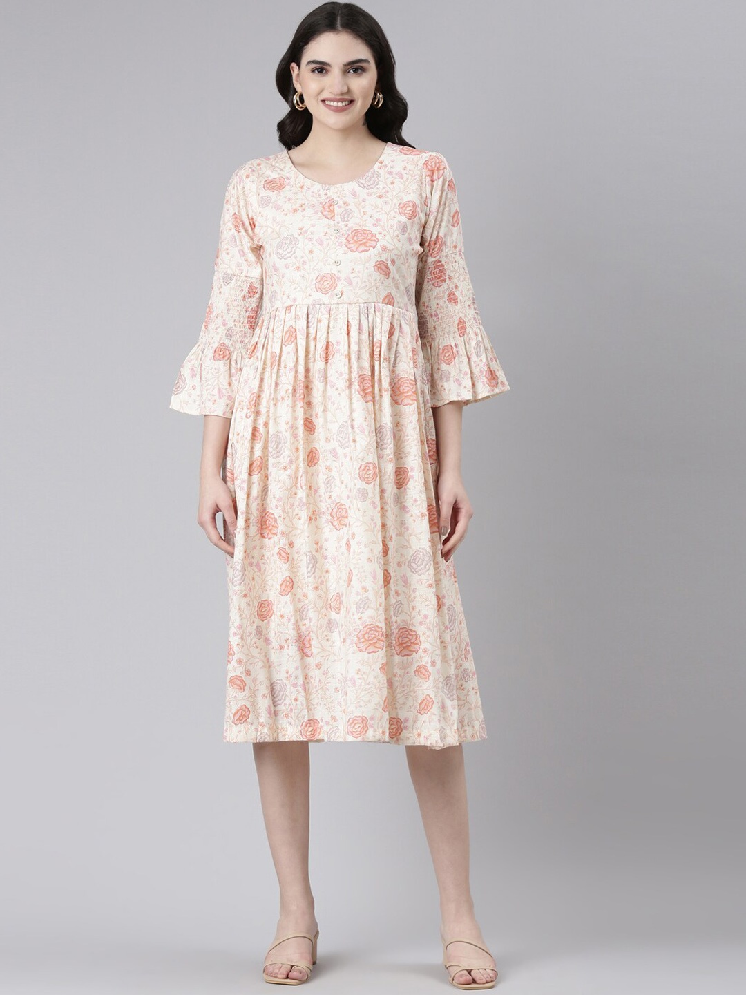 

GOLDSTROMS Printed Bell Sleeves Midi Ethnic Dresses, Orange