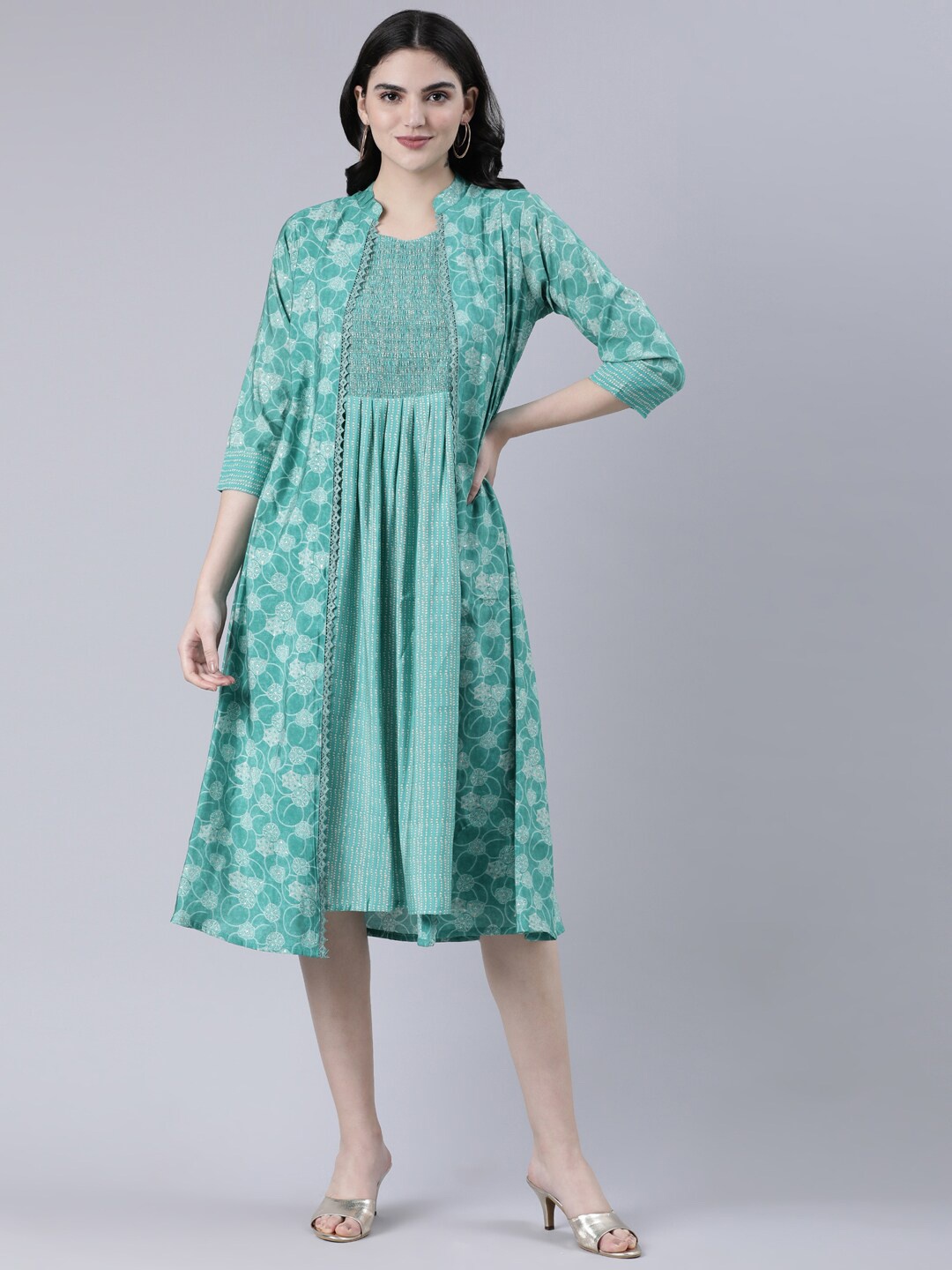 

GOLDSTROMS Printed Midi Ethnic Dresses With Jacket, Sea green