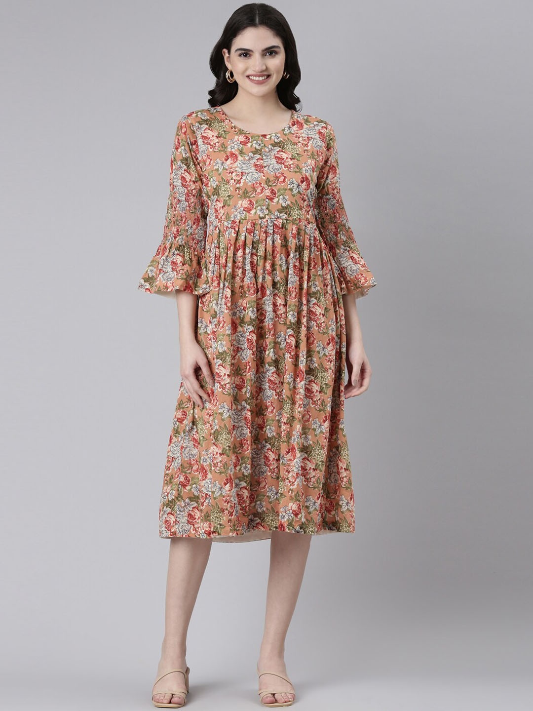 

GOLDSTROMS Printed Bell Sleeves Midi Ethnic Dresses, Rust