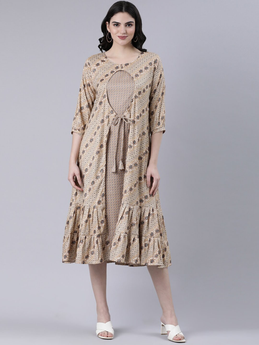

GOLDSTROMS Geometric Printed Cotton A-Line Midi Ethnic Dresses, Khaki