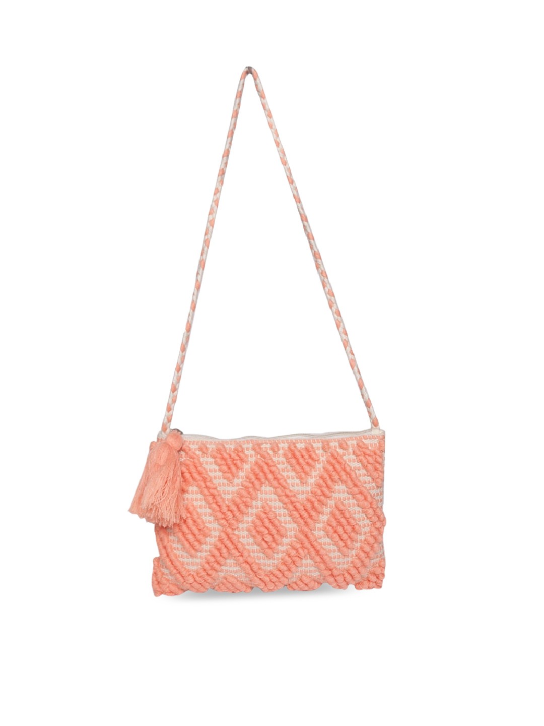 

ASTRID Swagger Embroidered Canvas Sling Bag With Tassels, Peach