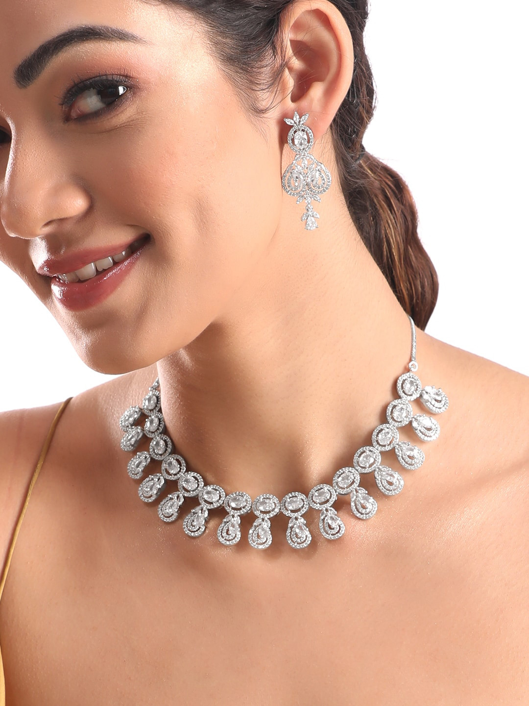 

Rubans Rhodium-Plated CZ Studded Jewellery Set, Silver