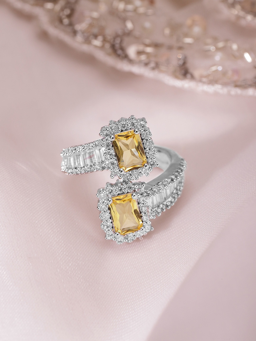 

Rubans Rhodium-Plated CZ-Studded Adjustable Ring, Silver