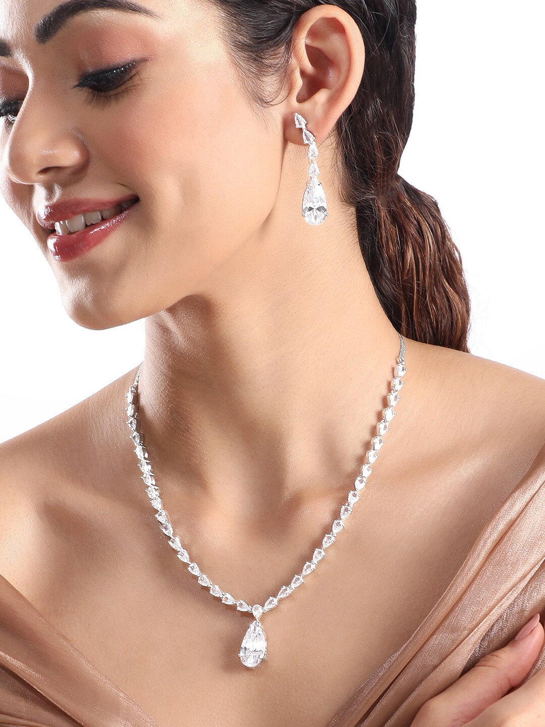 

Rubans Rhodium-Plated CZ Studded Jewellery Set, Silver