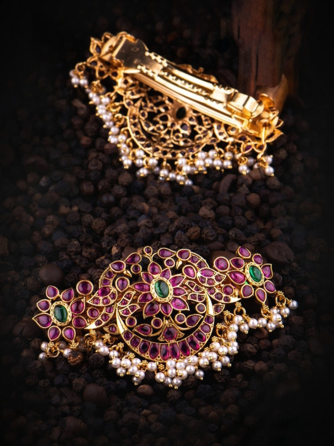 

Pihtara Jewels Gold-Plated Stone-Studded & Beaded Embellished French Barrette Hair Clip, Red