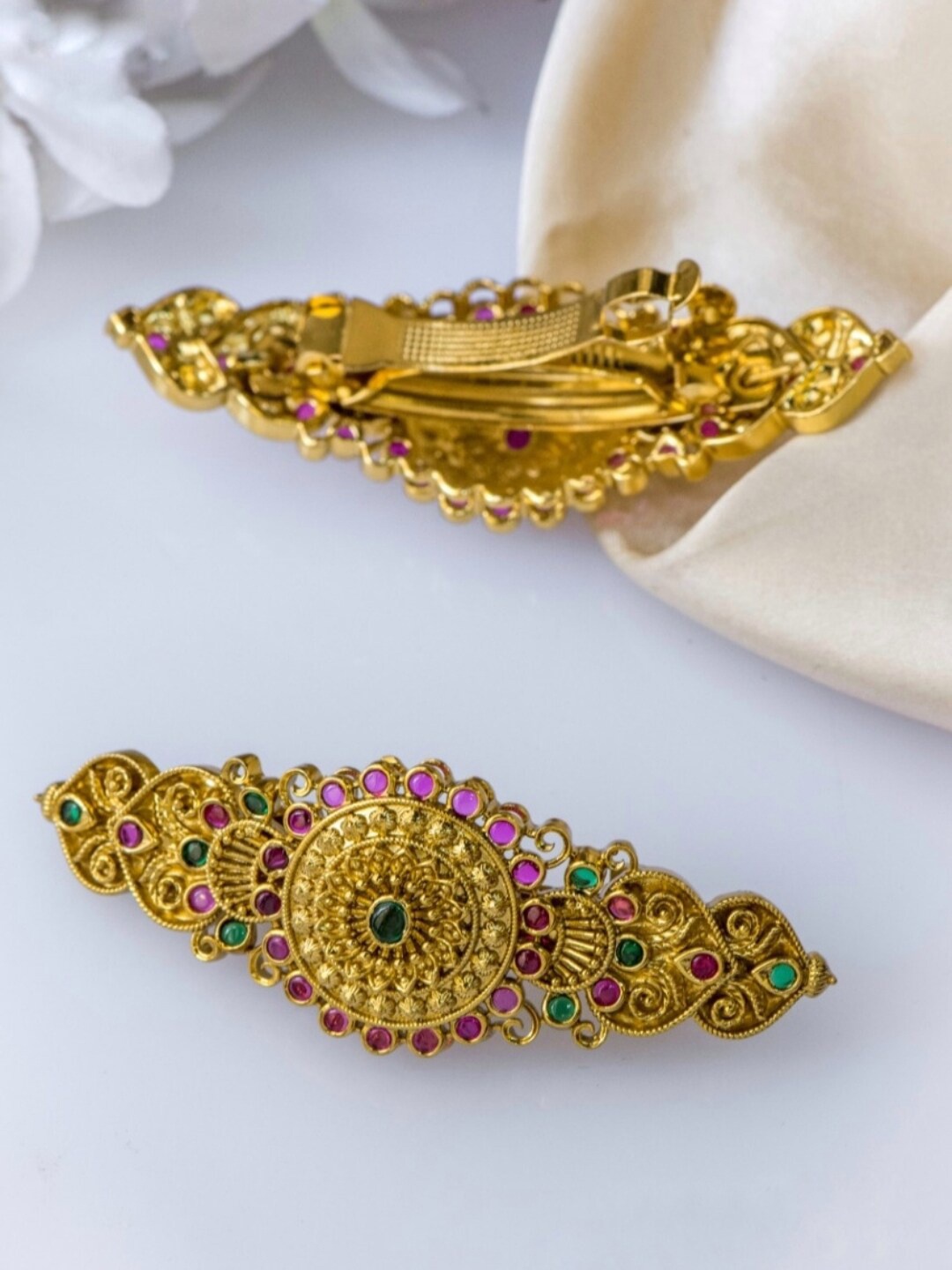 

Pihtara Jewels Gold-Plated Antique Stone-Studded Embellished French Barrette Hair Clip