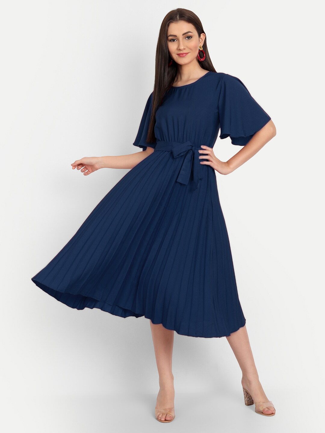 

DEKLOOK Accordion Pleated Flared Sleeve Fit & Flare Midi Dress, Blue