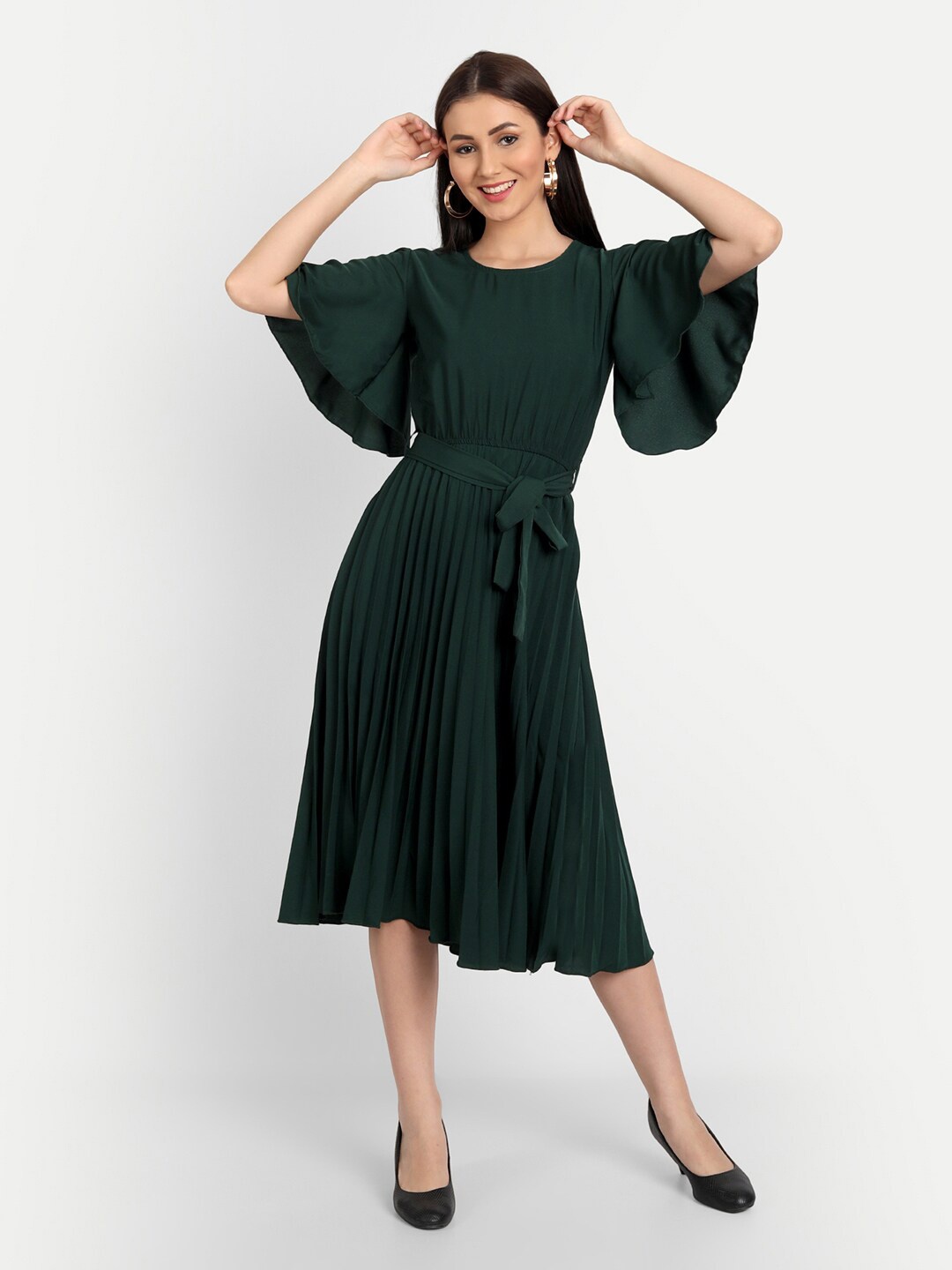 

DEKLOOK Accordion Pleated Flared Sleeve Fit & Flare Midi Dress, Green