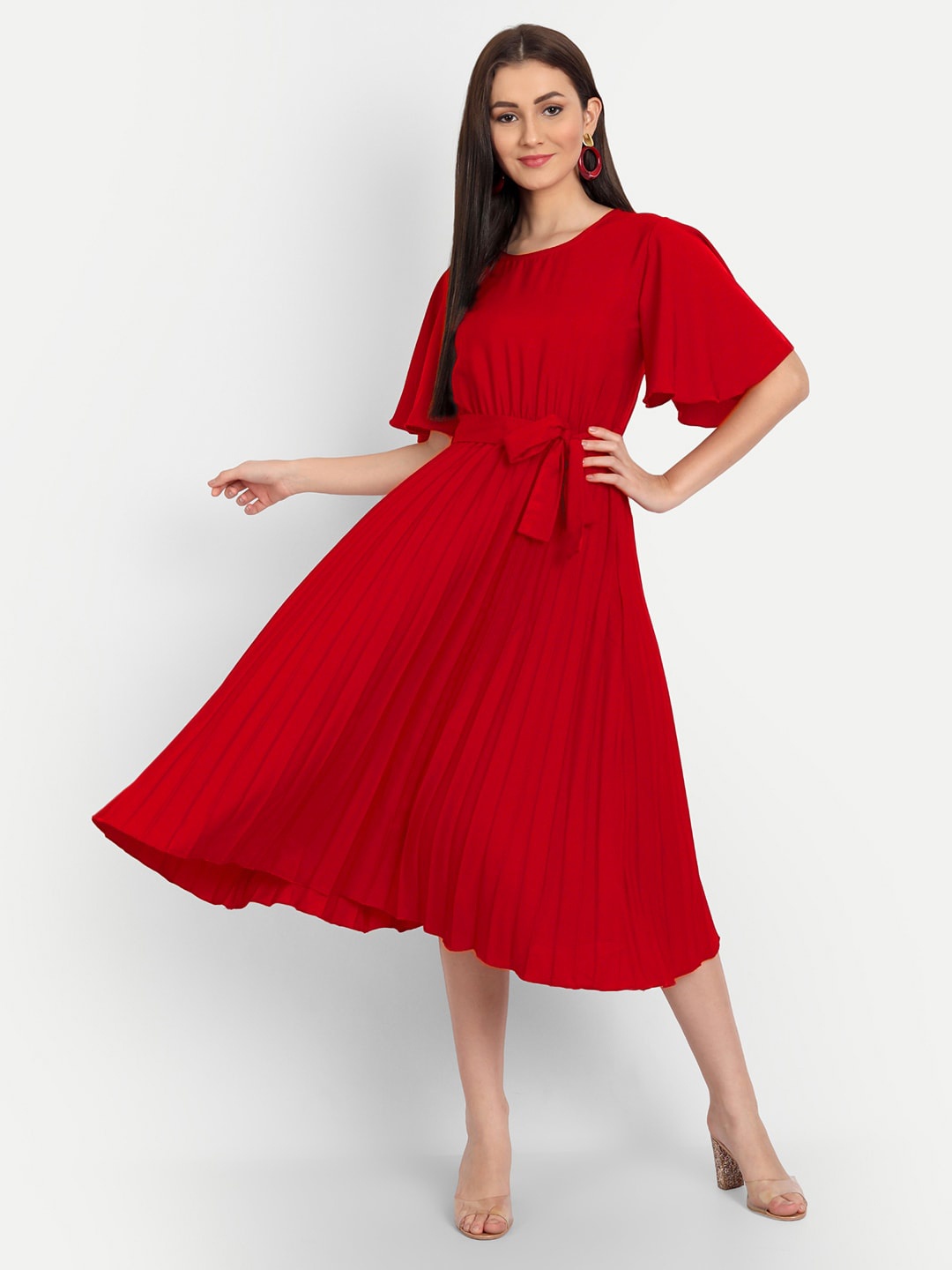 

DEKLOOK Accordion Pleated Flared Sleeve Fit & Flare Midi Dress, Red
