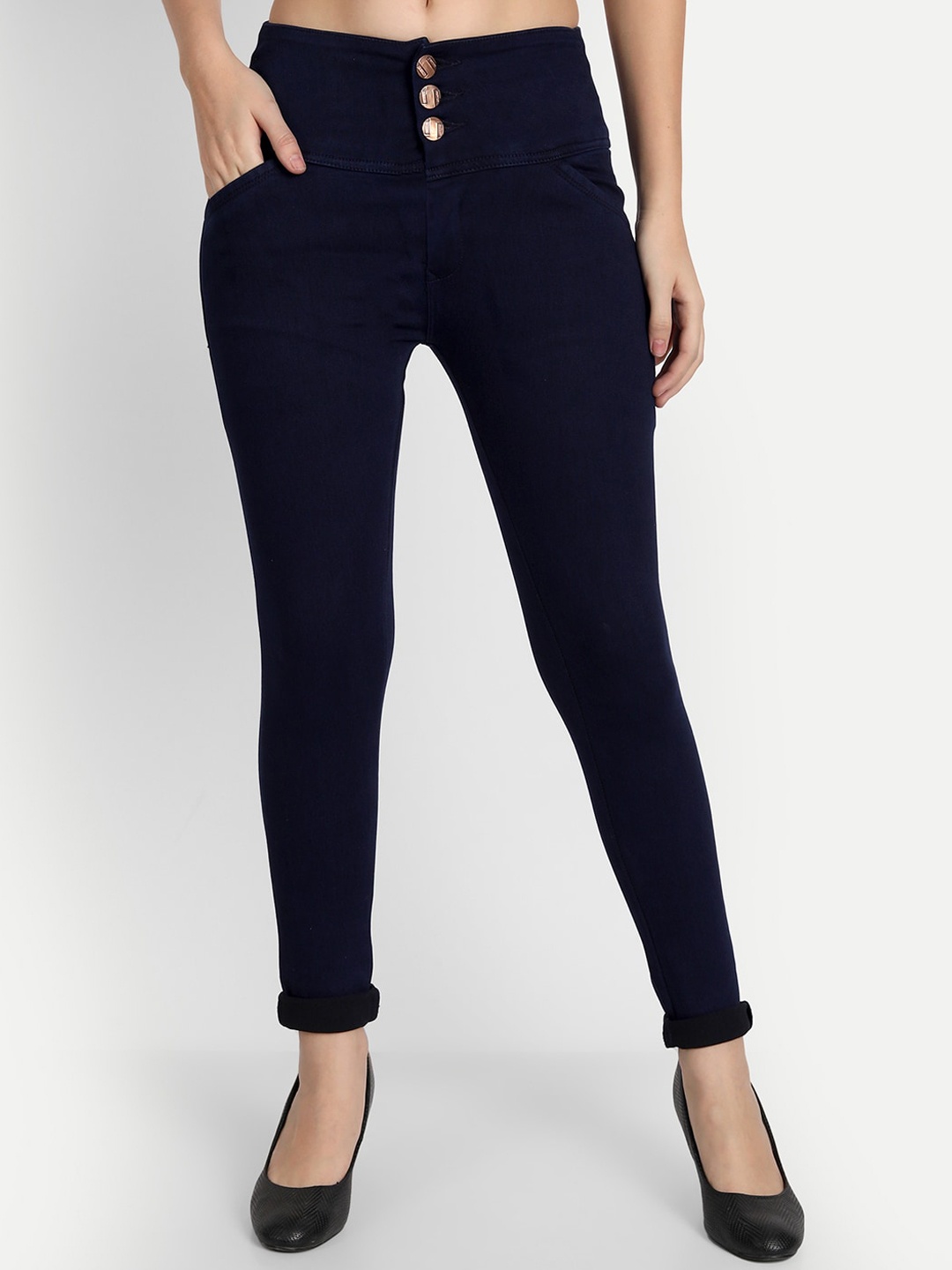 

BAESD Women High-Rise Clean Look Cotton Stretchable Jeans, Navy blue