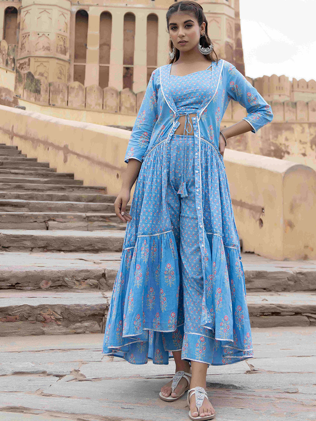 

Ragavi Floral Printed Pure Cotton Ethnic Crop Top with Trousers & Jacket, Blue