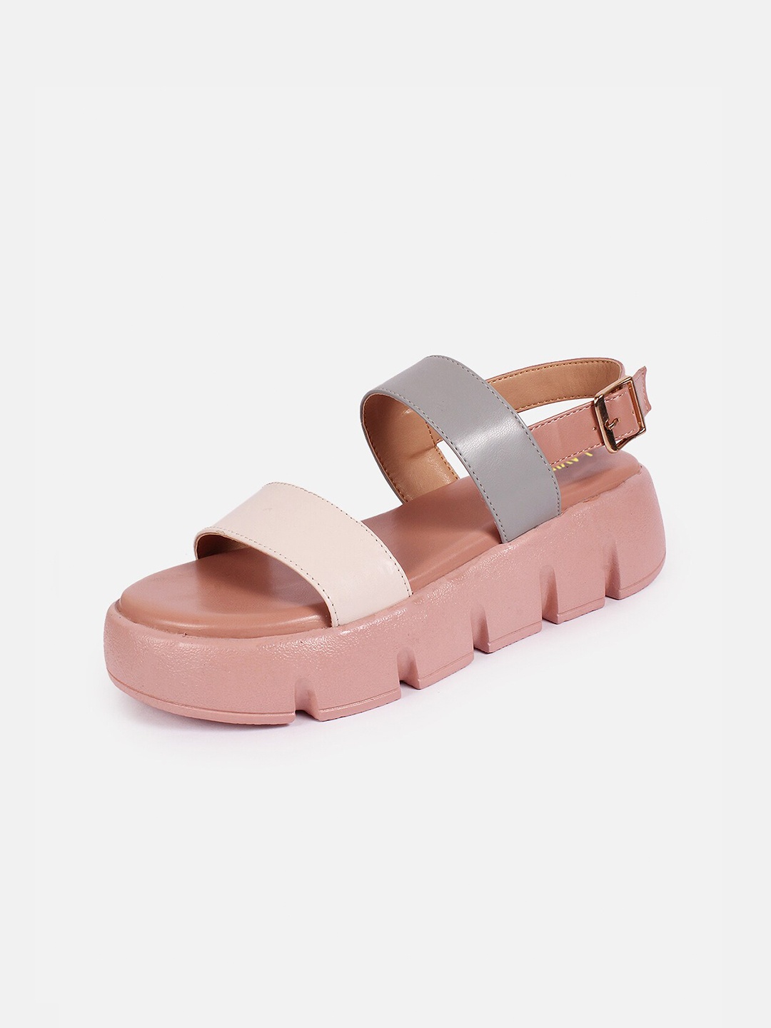 

Lavie Colourblocked Flatform Heels With Buckle Closure, Beige