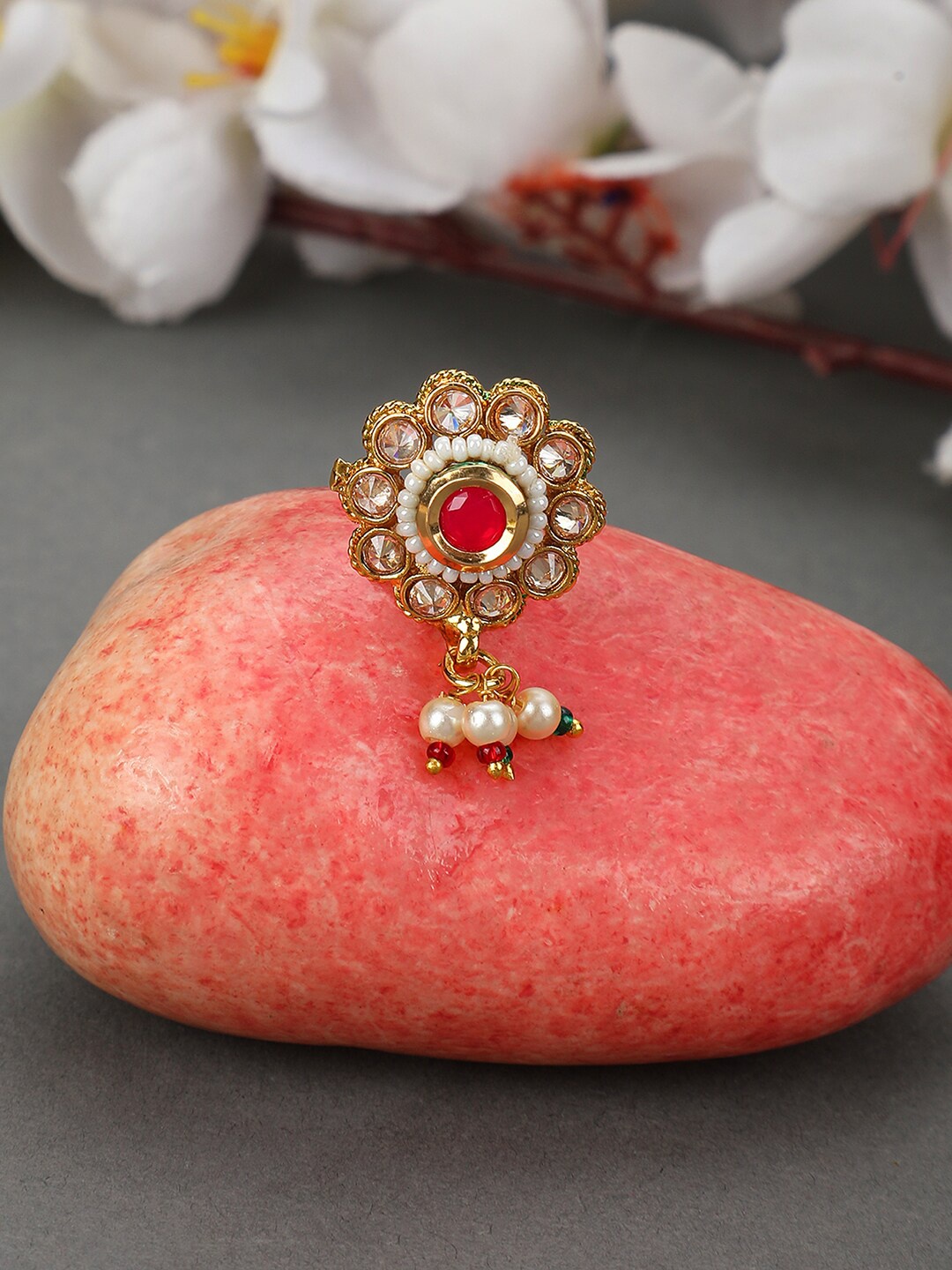 

ANIKAS CREATION Gold-Plated CZ-Studded & Pearl Beaded Vilandi Nosepin