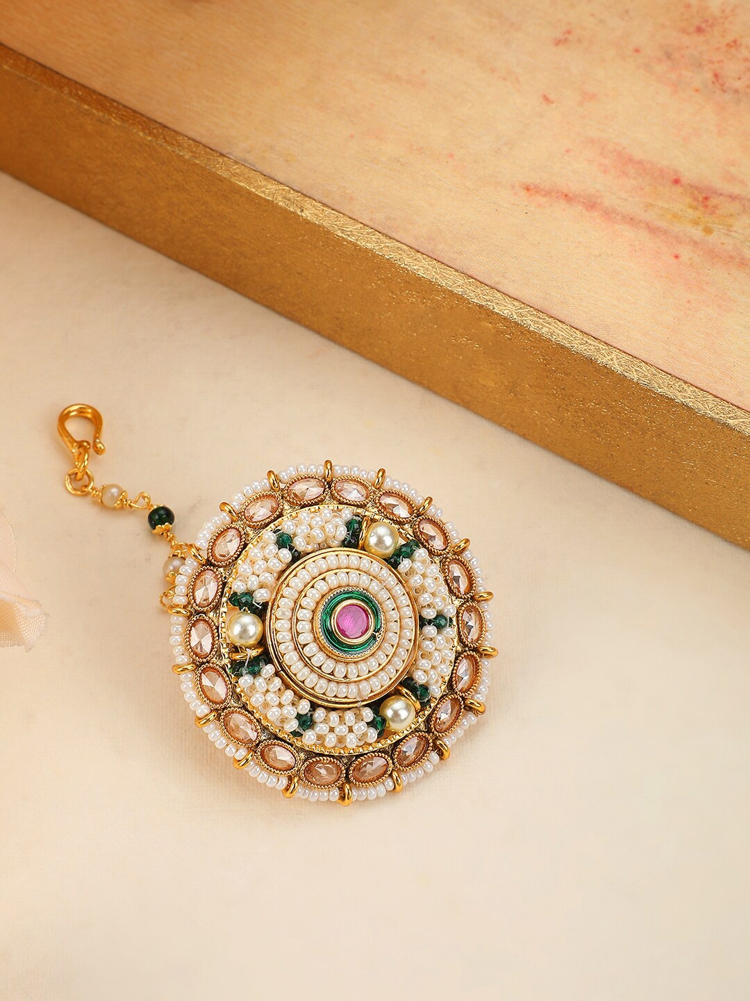 

ANIKAS CREATION Gold-Plated Kundan Studded & Beaded Borla Maang Tikka