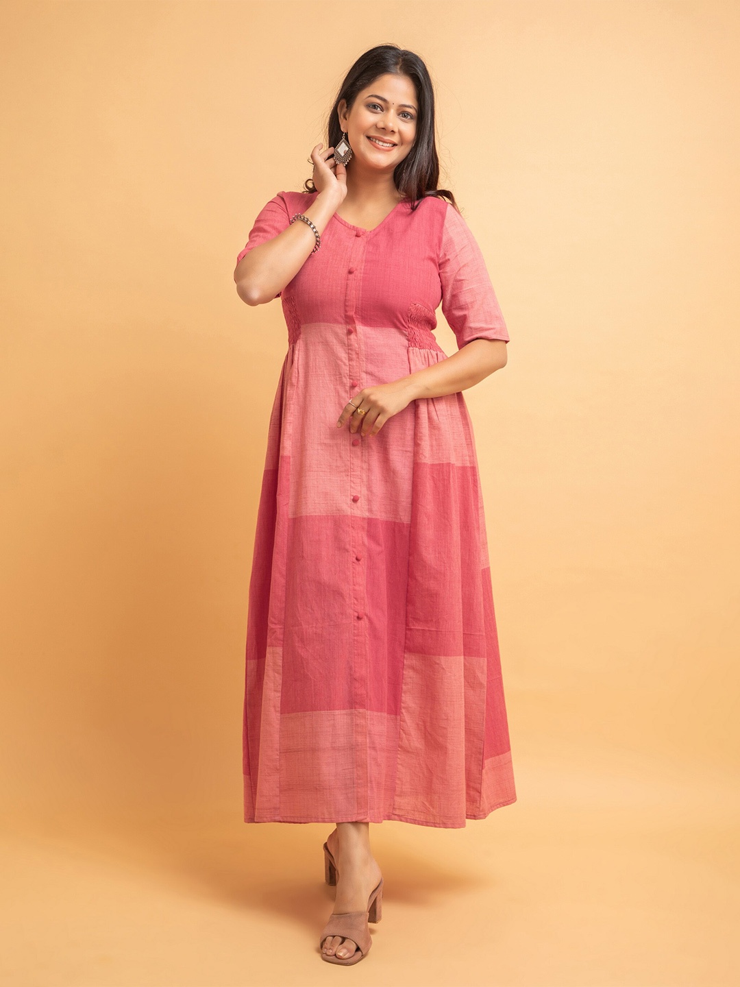 

SUTI Colourblocked Round neck A-Line Maxi Ethnic Dress, Pink