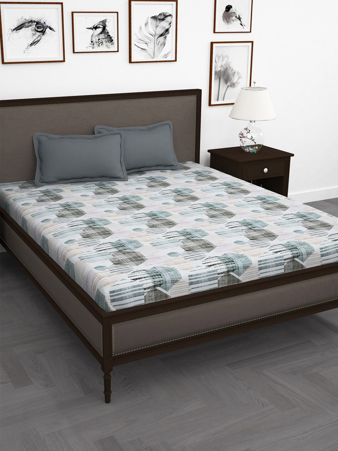 

Story@home White Green Geometric Cotton 210 TC King Bedsheet With 2 Pillow Covers