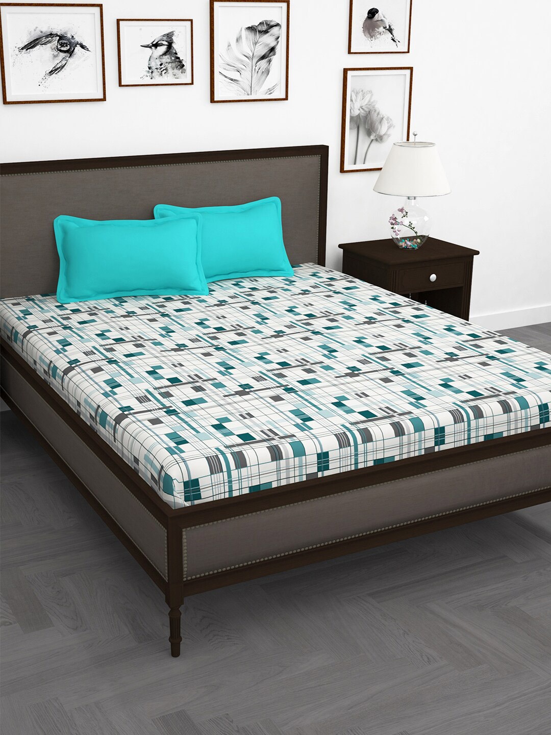 

Story@home White Blue Geometric Cotton 210 TC King Bedsheet With 2 Pillow Covers
