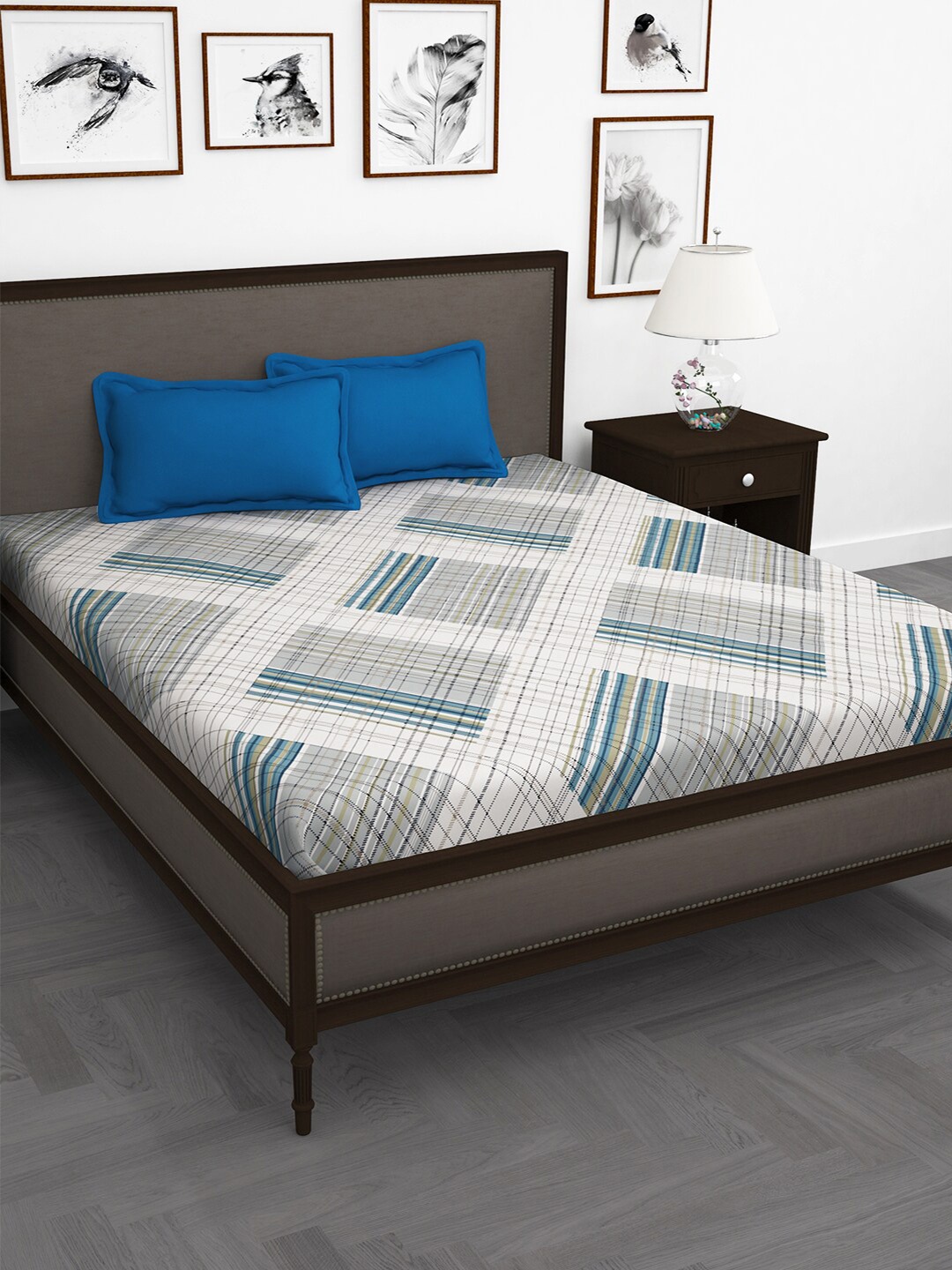 

Story@home White Blue Geometric Cotton 210 TC King Bedsheet With 2 Pillow Covers