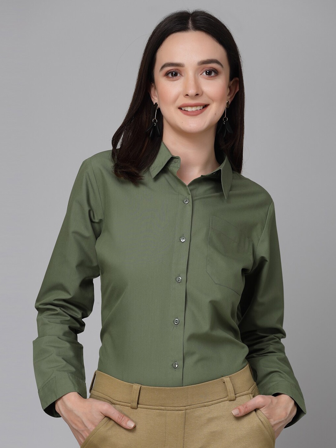 

Style Quotient Olive Green Smart-Fit Cotton Casual Shirt