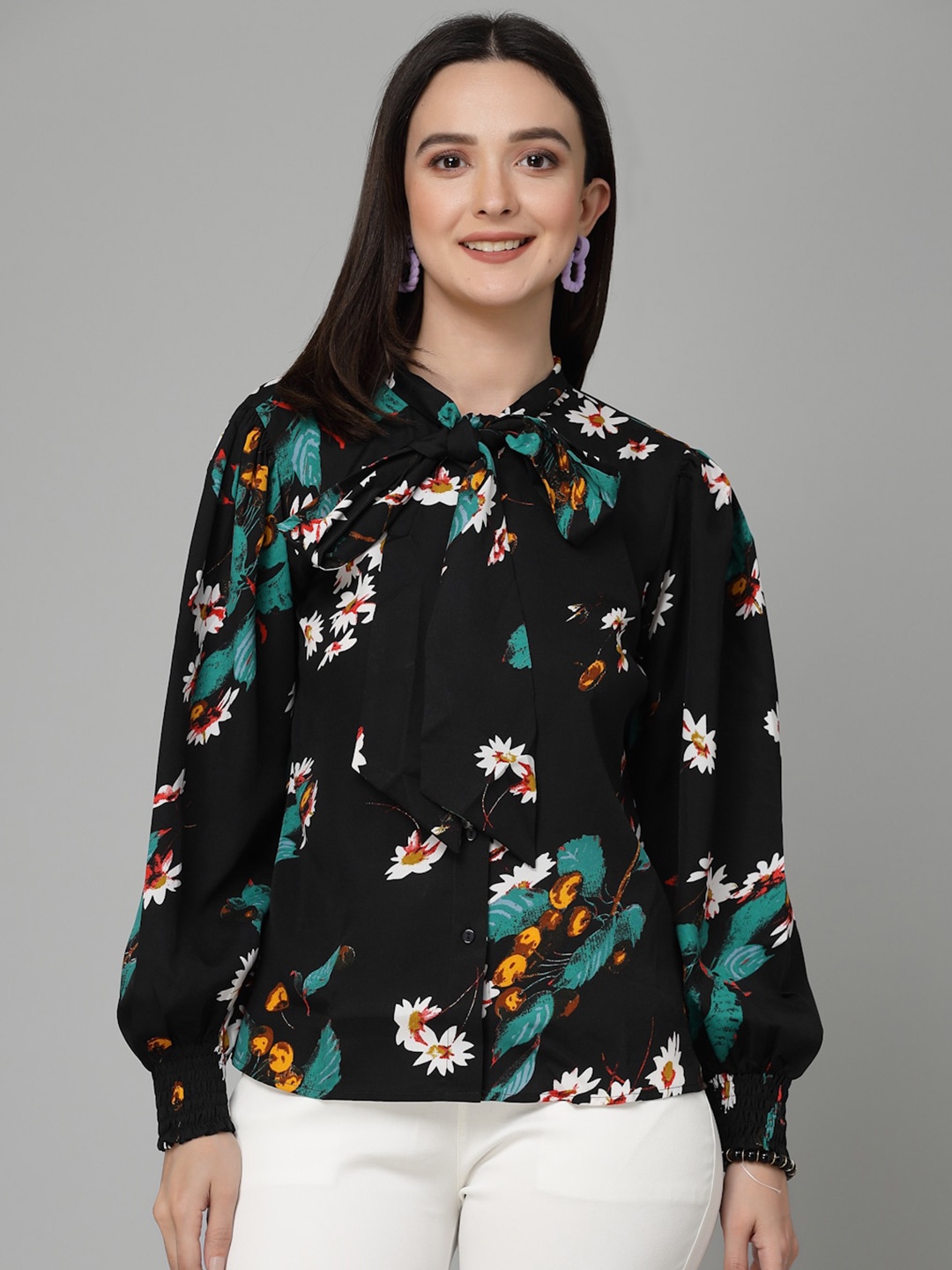

Style Quotient Black Floral Printed Shirt Style Top