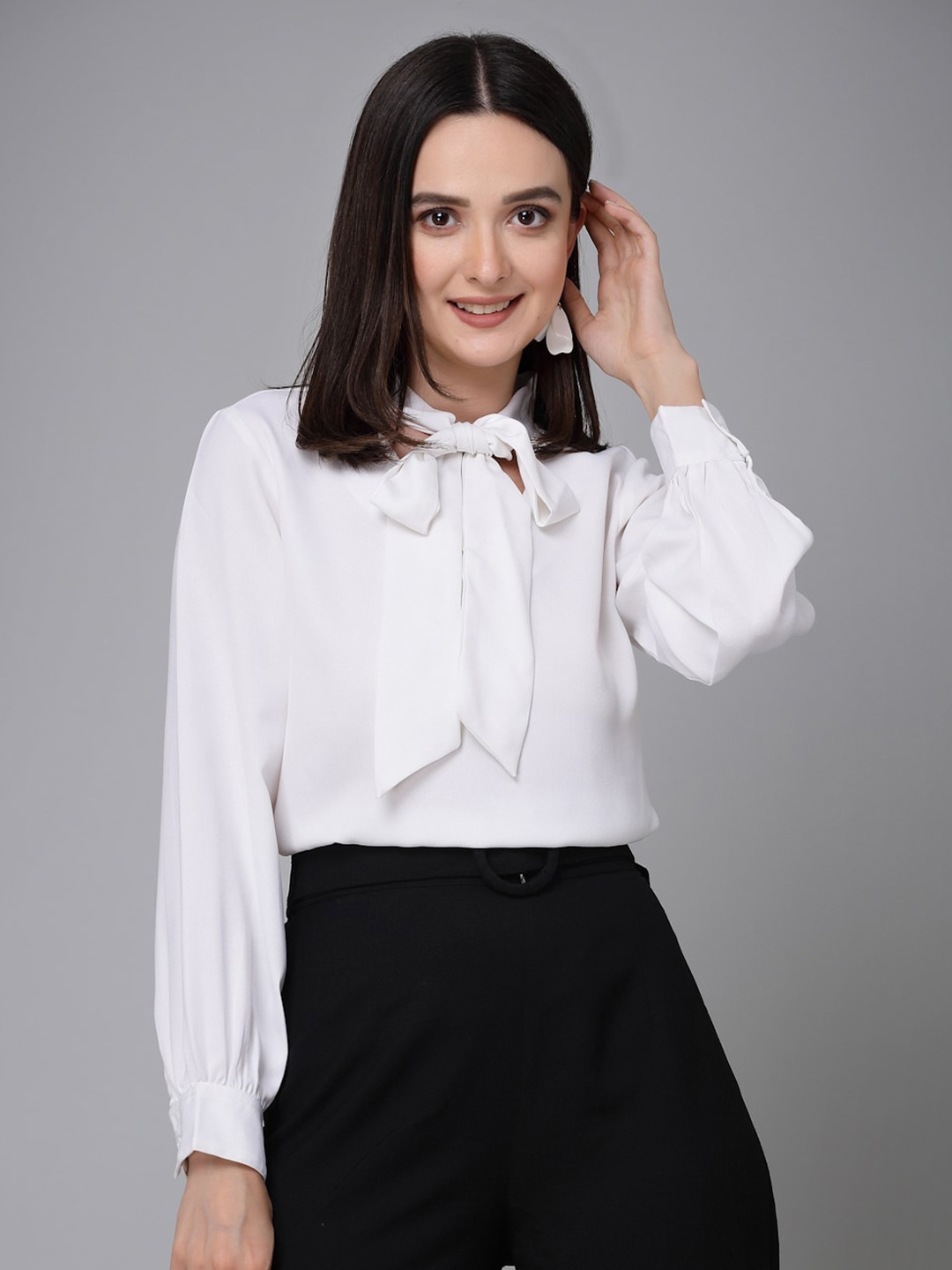 

Style Quotient Tie-Up Neck Cuffed sleeves Top, White