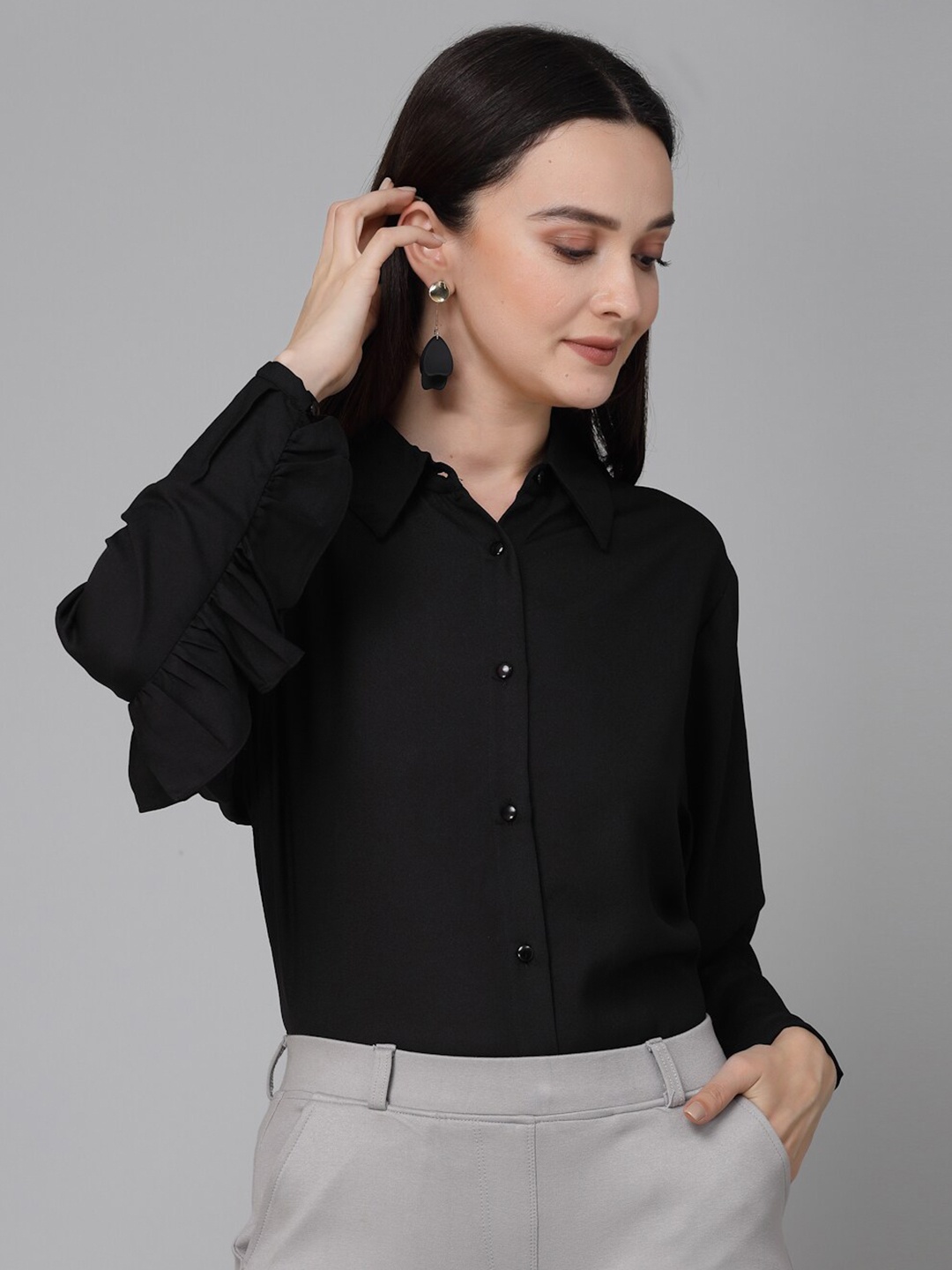 

Style Quotient Black Spread Collar Contemporary Ruffled Detailed Shirt