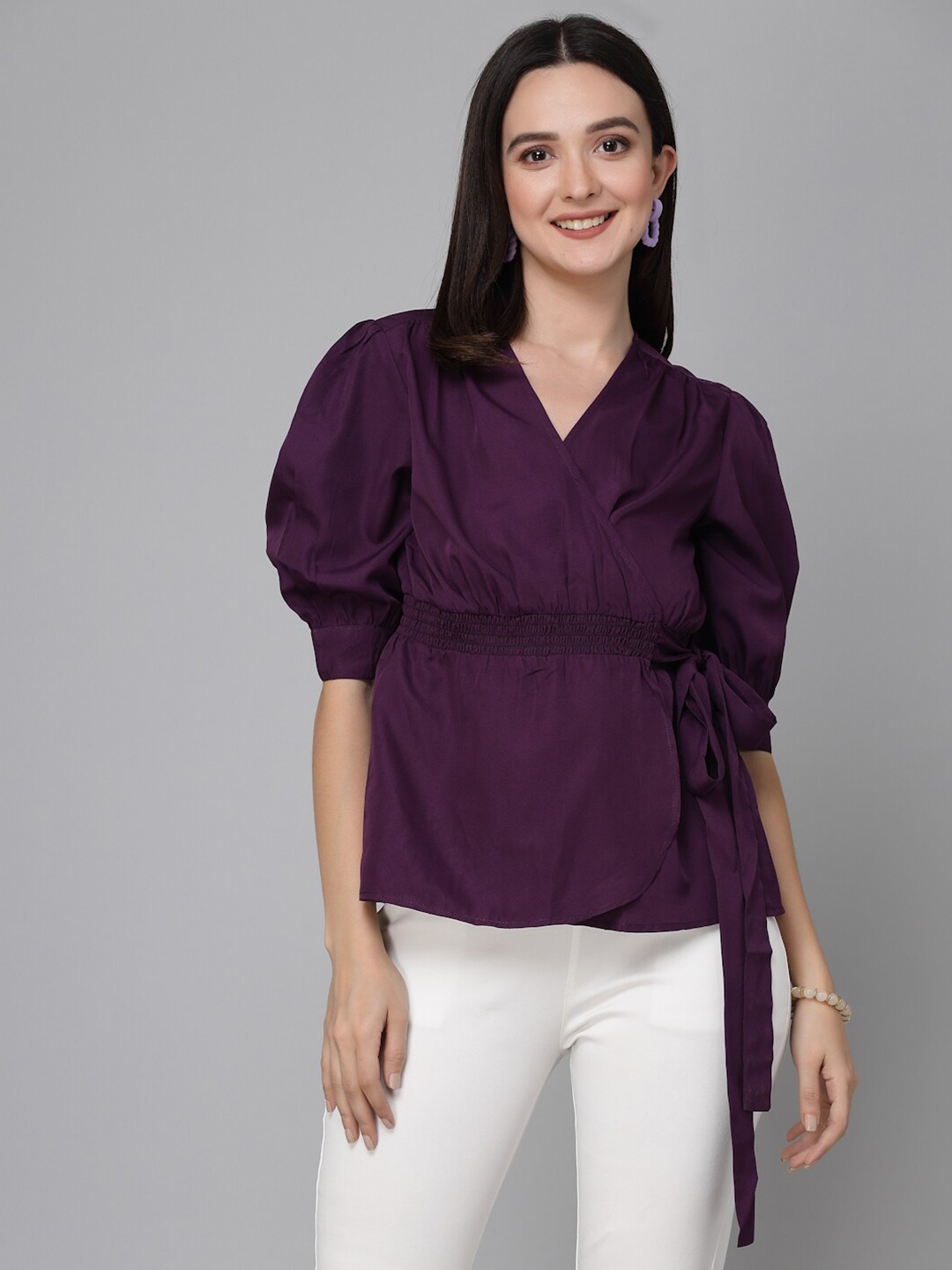 

Style Quotient Purple V-Neck Puff Sleeve Tie Ups Crepe Wrap Top