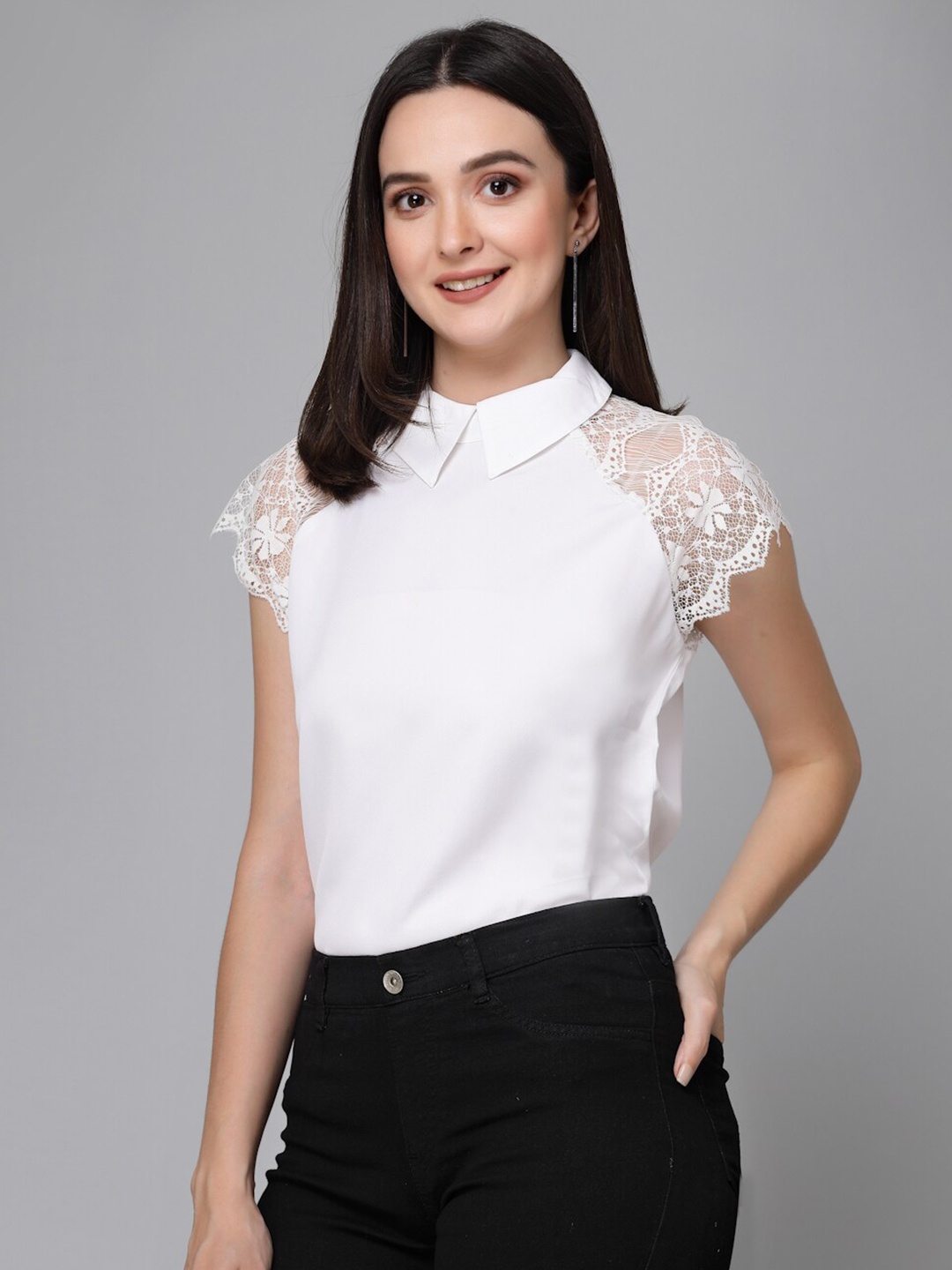 

Style Quotient White Shirt Collar Raglan Sleeves Lace Inserts Crepe Top