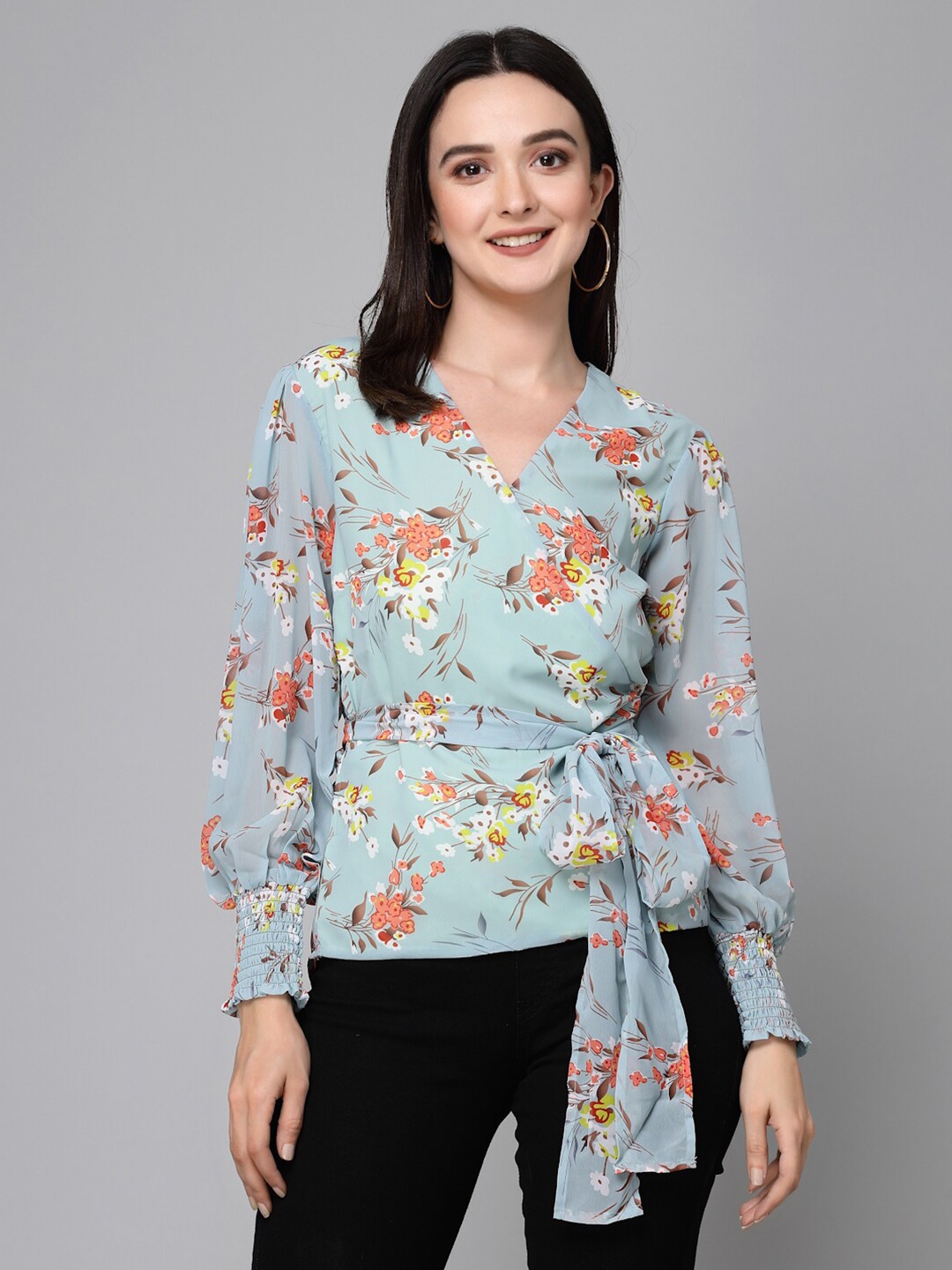

Style Quotient Green Floral Printed Puff Sleeves Tie-Ups Georgette Wrap Top