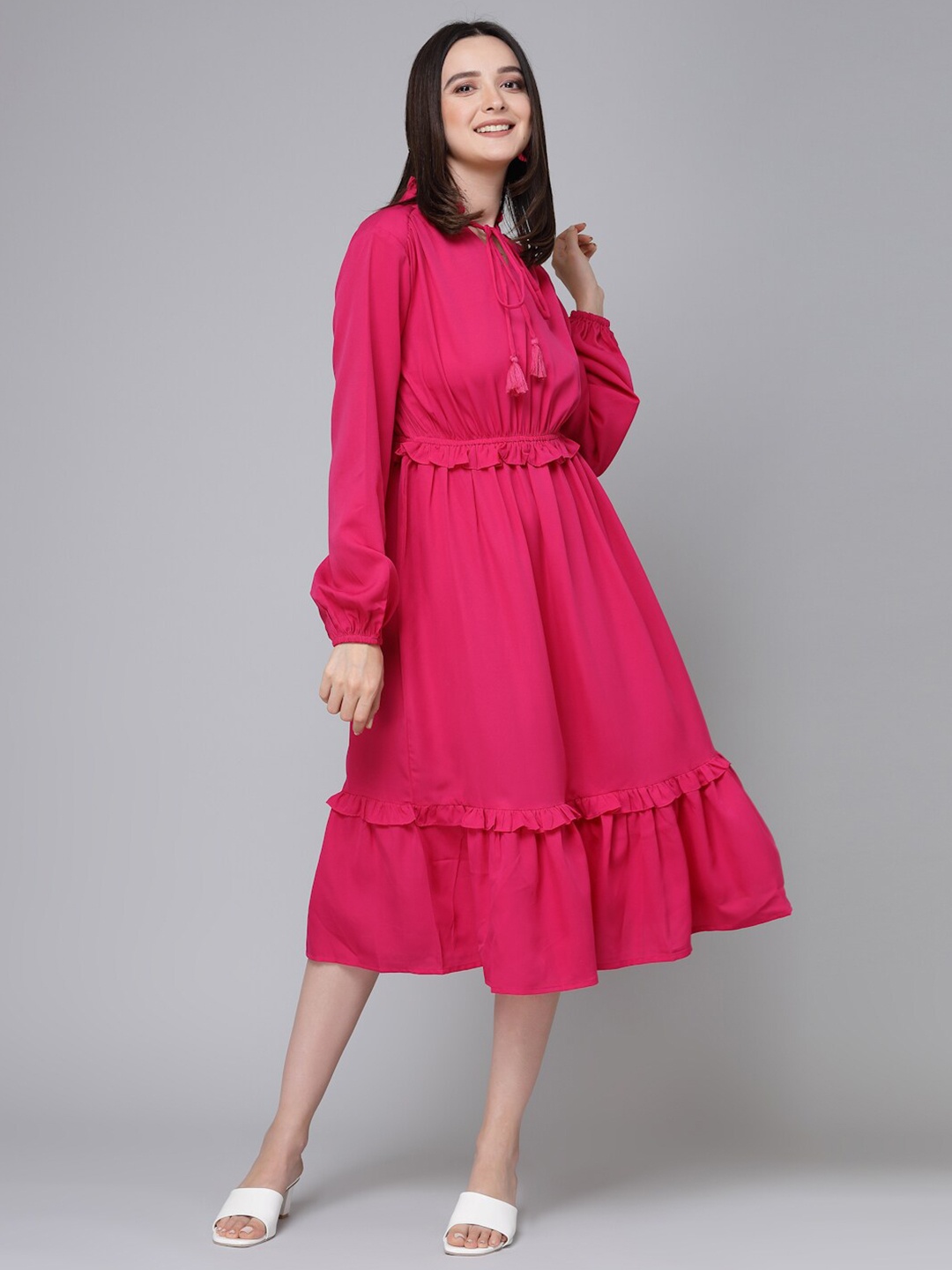 

Style Quotient Tie Up Neck Tiered Crepe Fit & Flare Dress, Pink