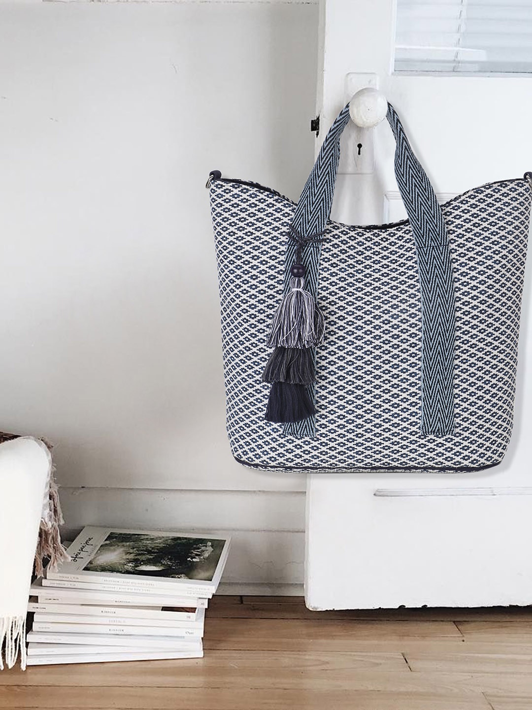 

Anekaant Geometric Printed Tote Bag With Tasselled, Blue