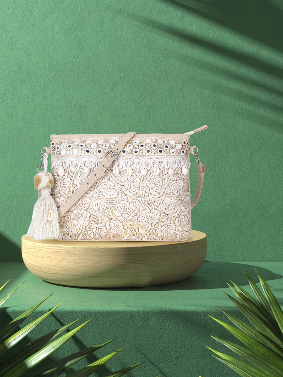 

Anekaant Embellished Structured Sling Bag, Off white