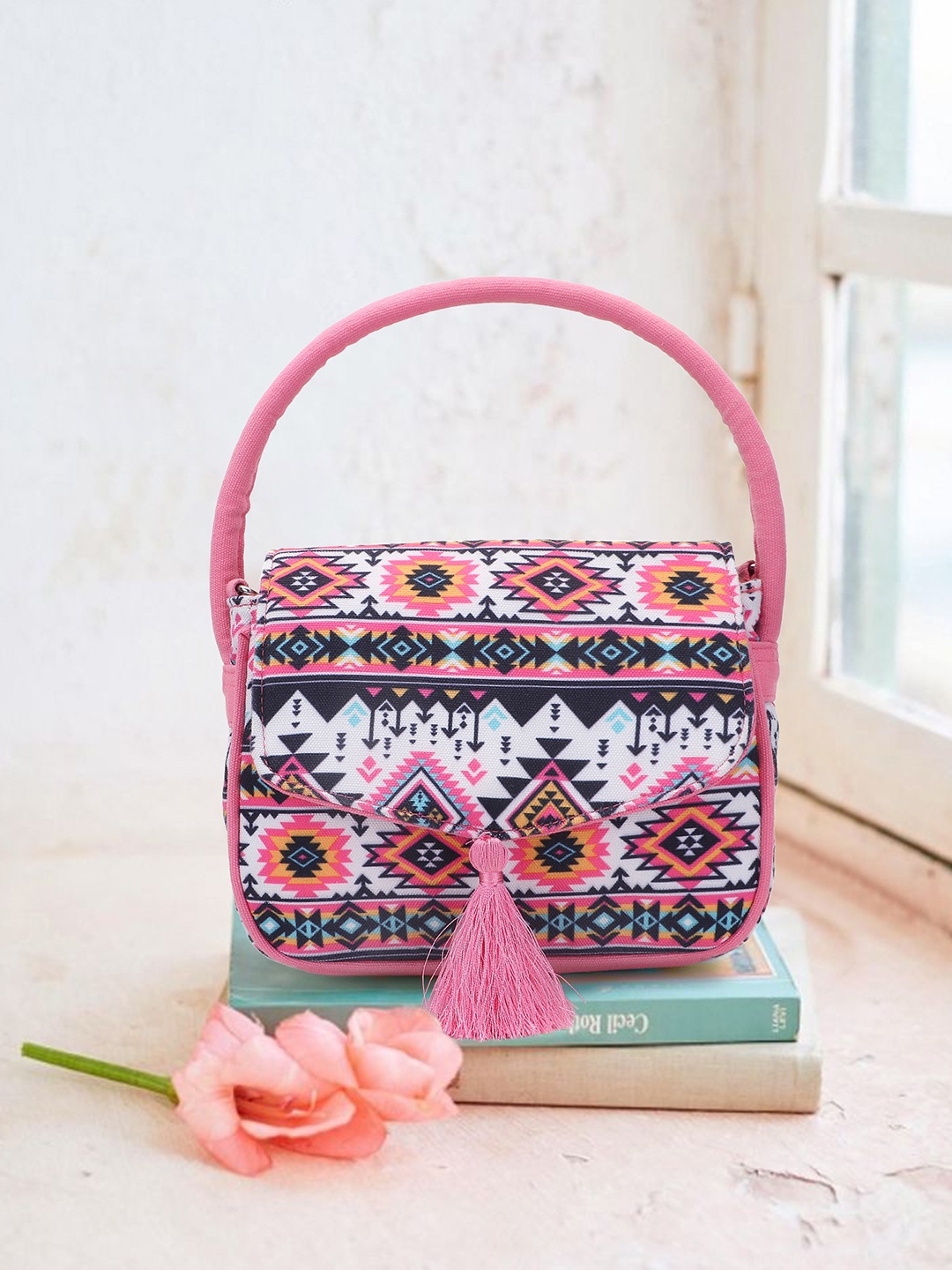 

Anekaant Ethnic Motifs Printed Structured Tasselled Handheld Bag, Pink