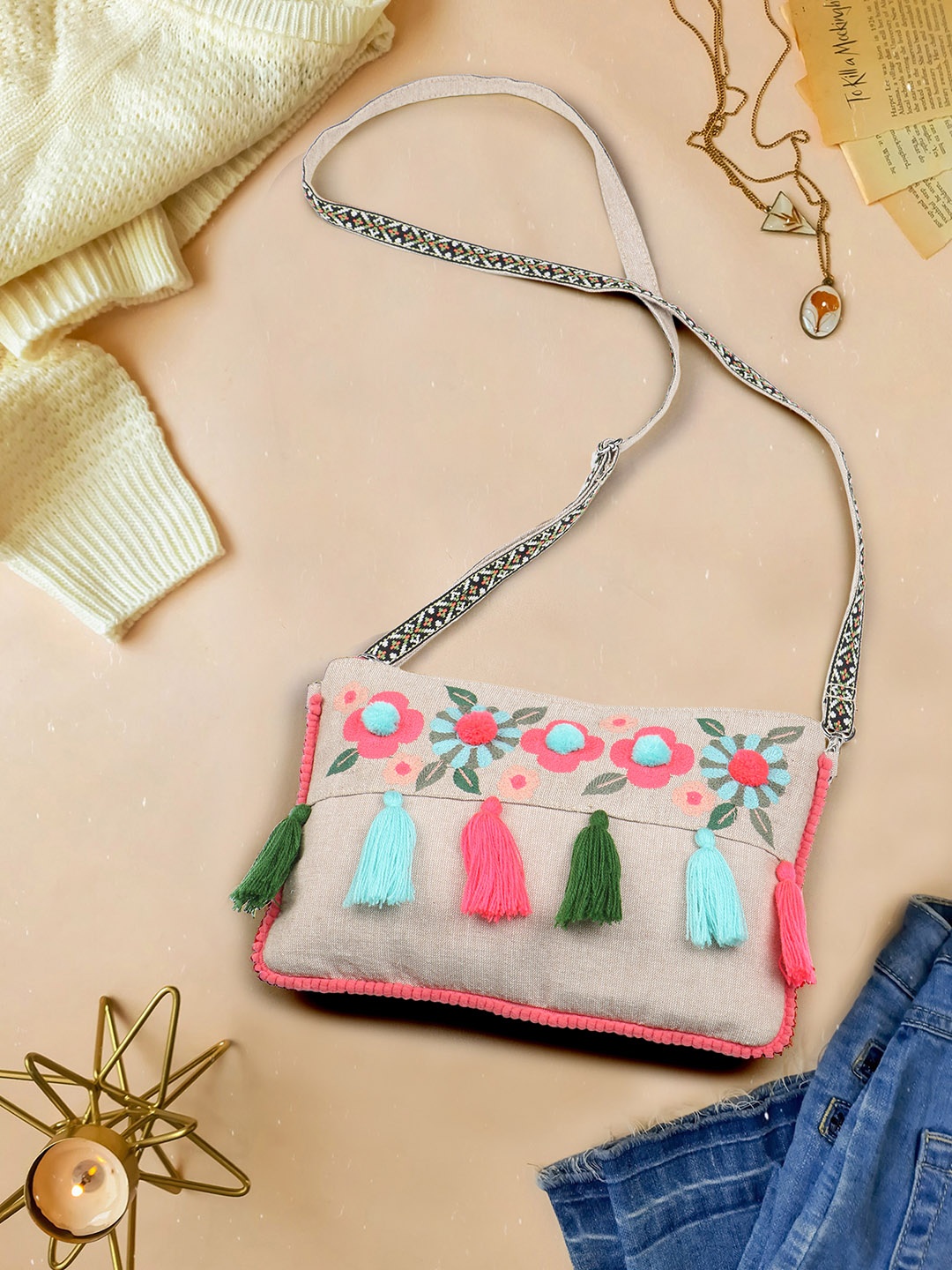

Anekaant Floral Embroidered Sling Bag, Off white