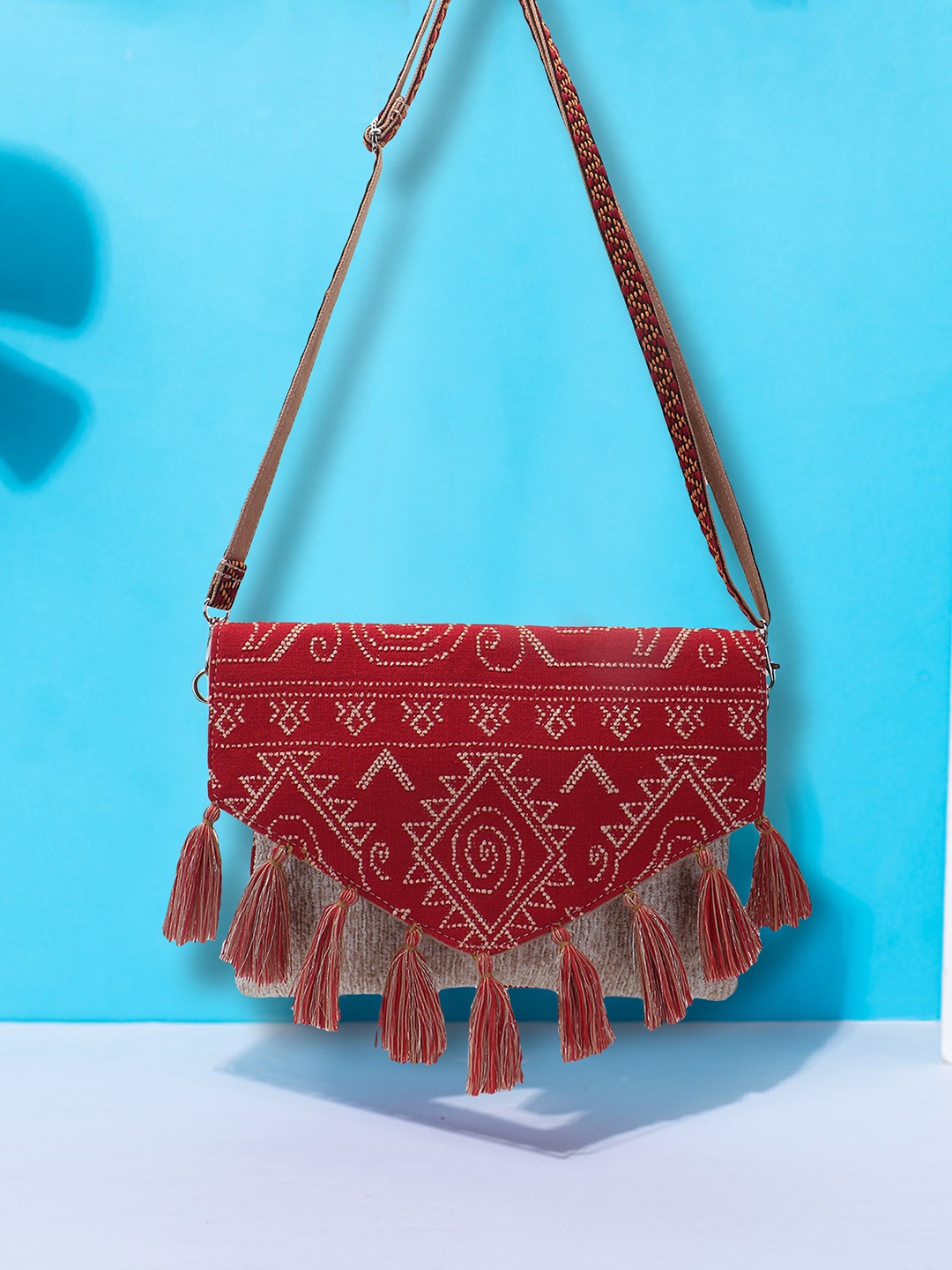 

Anekaant Ethnic Motifs Printed Structured Tasselled Sling Bag, Maroon