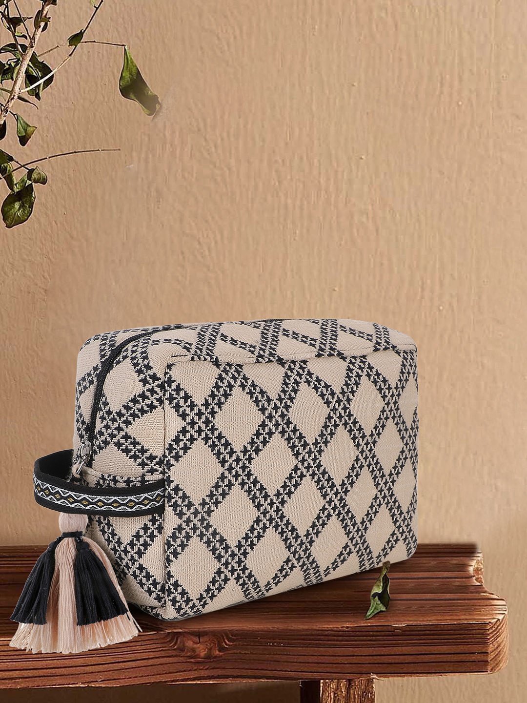 

Anekaant Geometric Diamond Jacquard Travel Accessory Bag, Beige