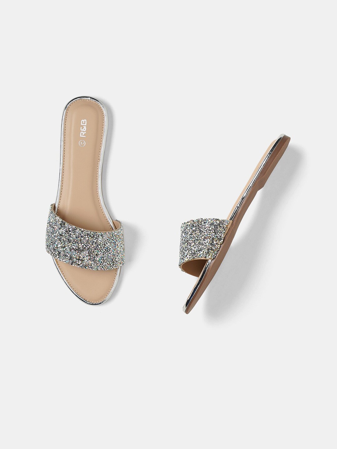 

R&B Women Embellished Open Toe Flats, Silver