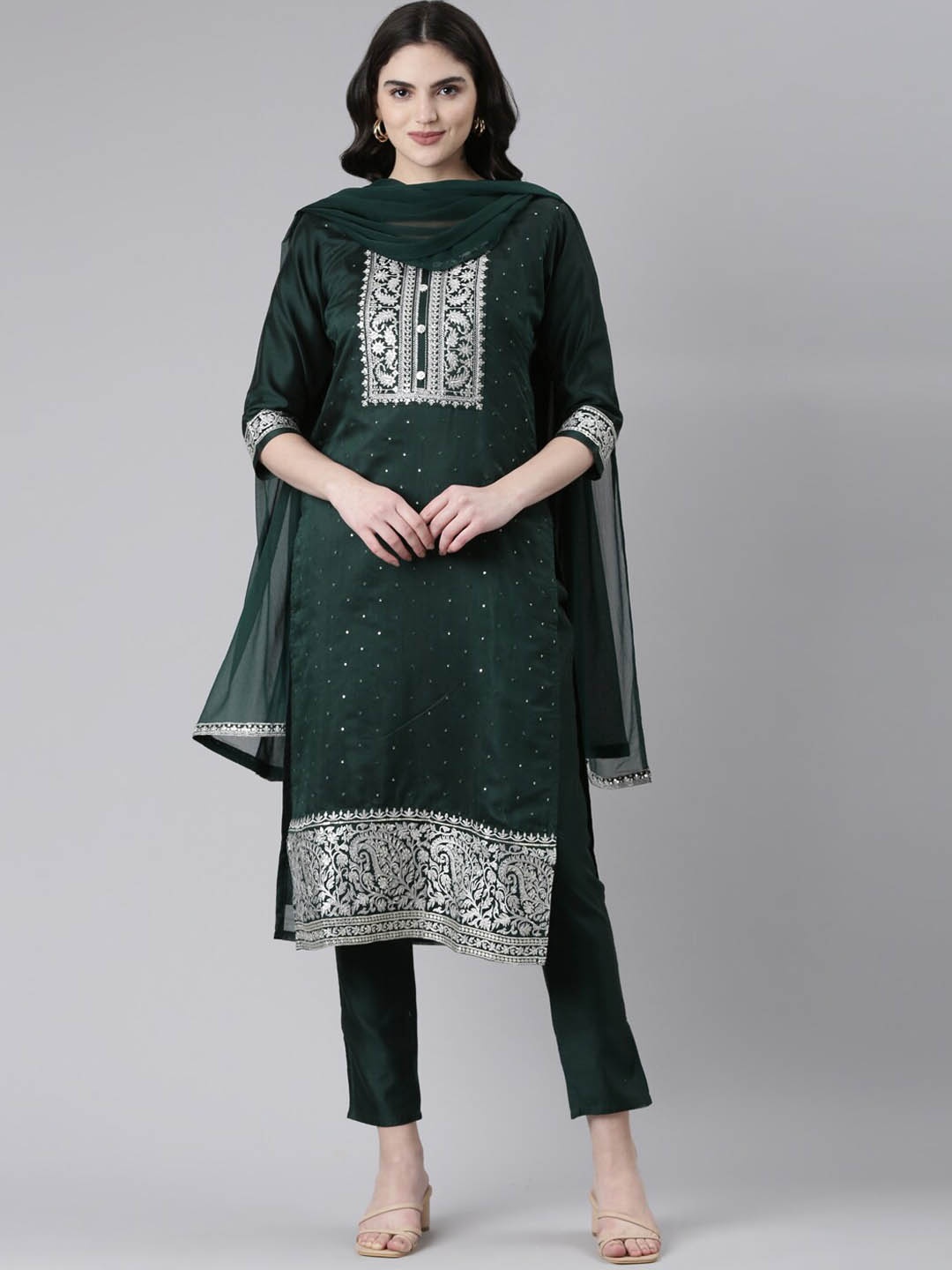

GOLDSTROMS Embroidered Sequined Chanderi Silk Kurta With Trousers & Dupatta, Green
