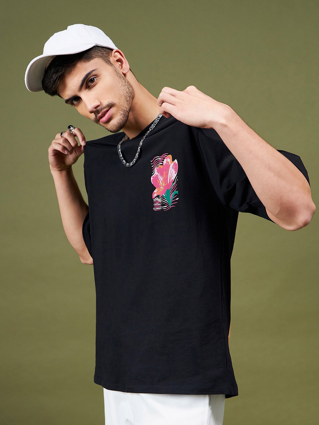 

MASCLN SASSAFRAS Unisex Floral Printed Oversized Pure Cotton T-Shirt, Black