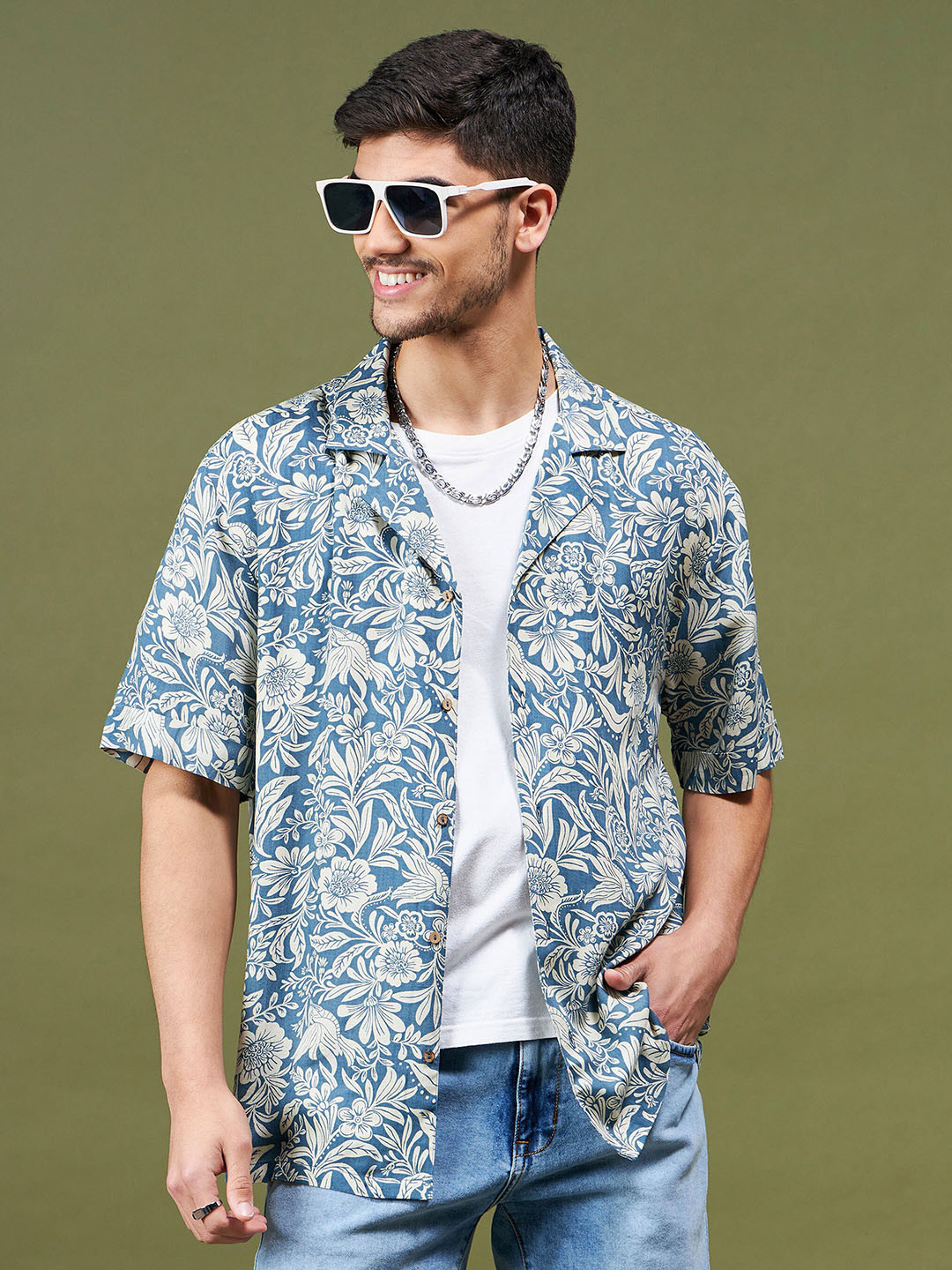 

MASCLN SASSAFRAS Blue Relaxed Floral Printed Casual Shirt