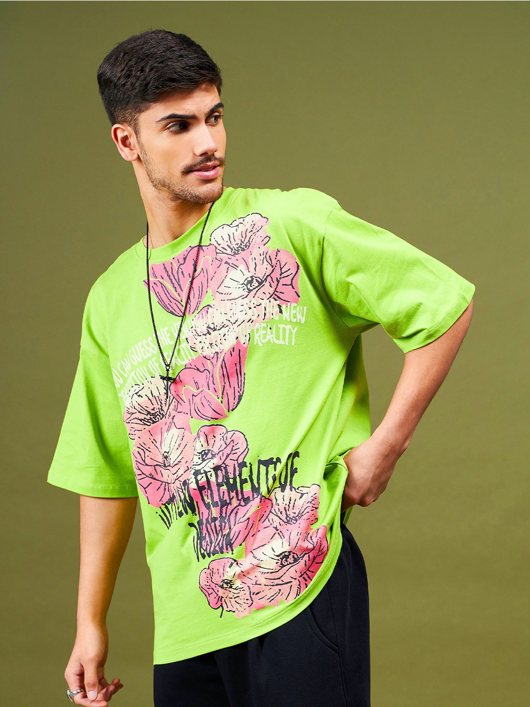 

MASCLN SASSAFRAS Floral Printed Drop-Shoulder Sleeves Boxy T-shirt, Fluorescent green