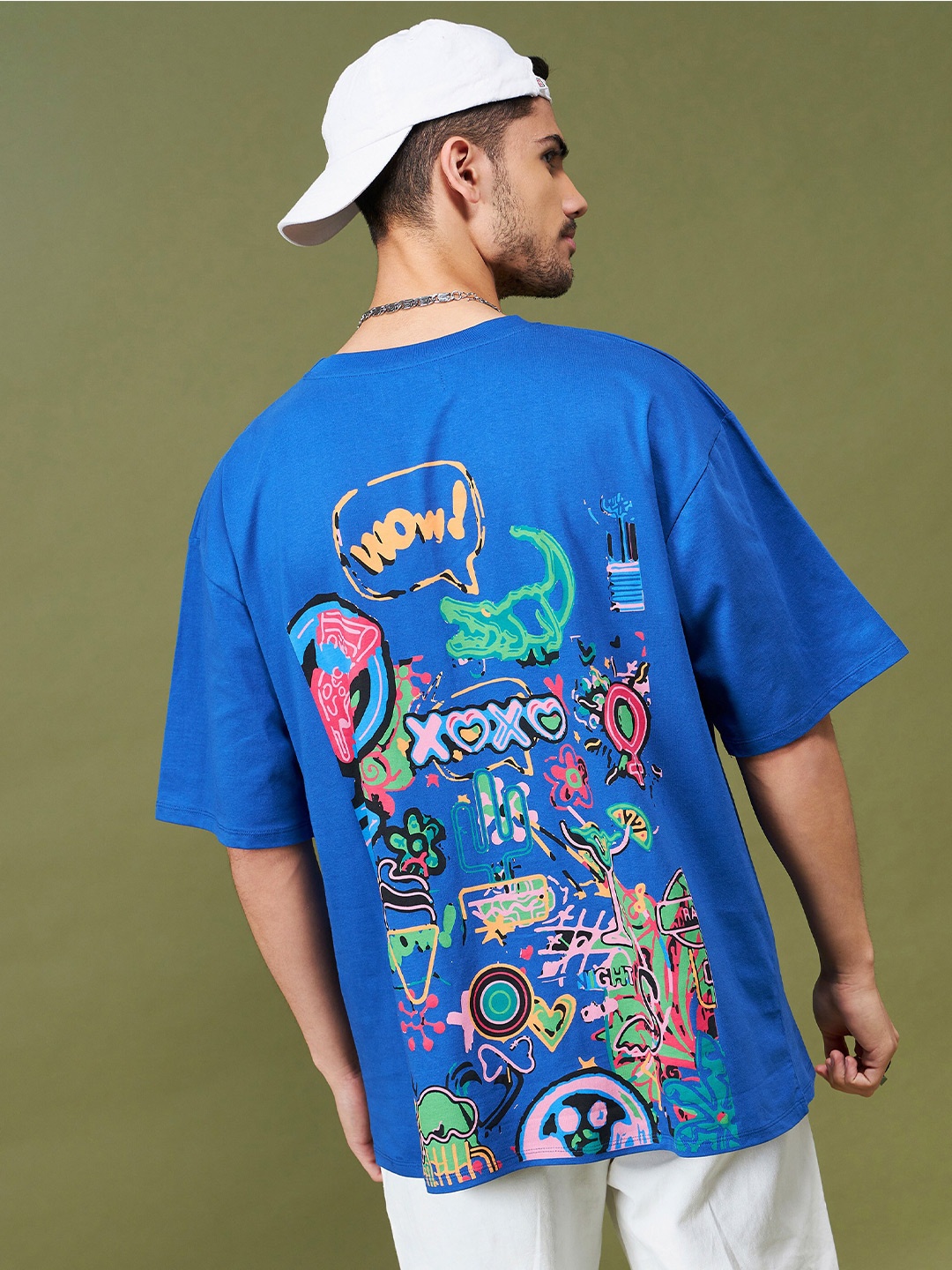 

MASCLN SASSAFRAS Blue Printed Pure Cotton Oversized T-shirt
