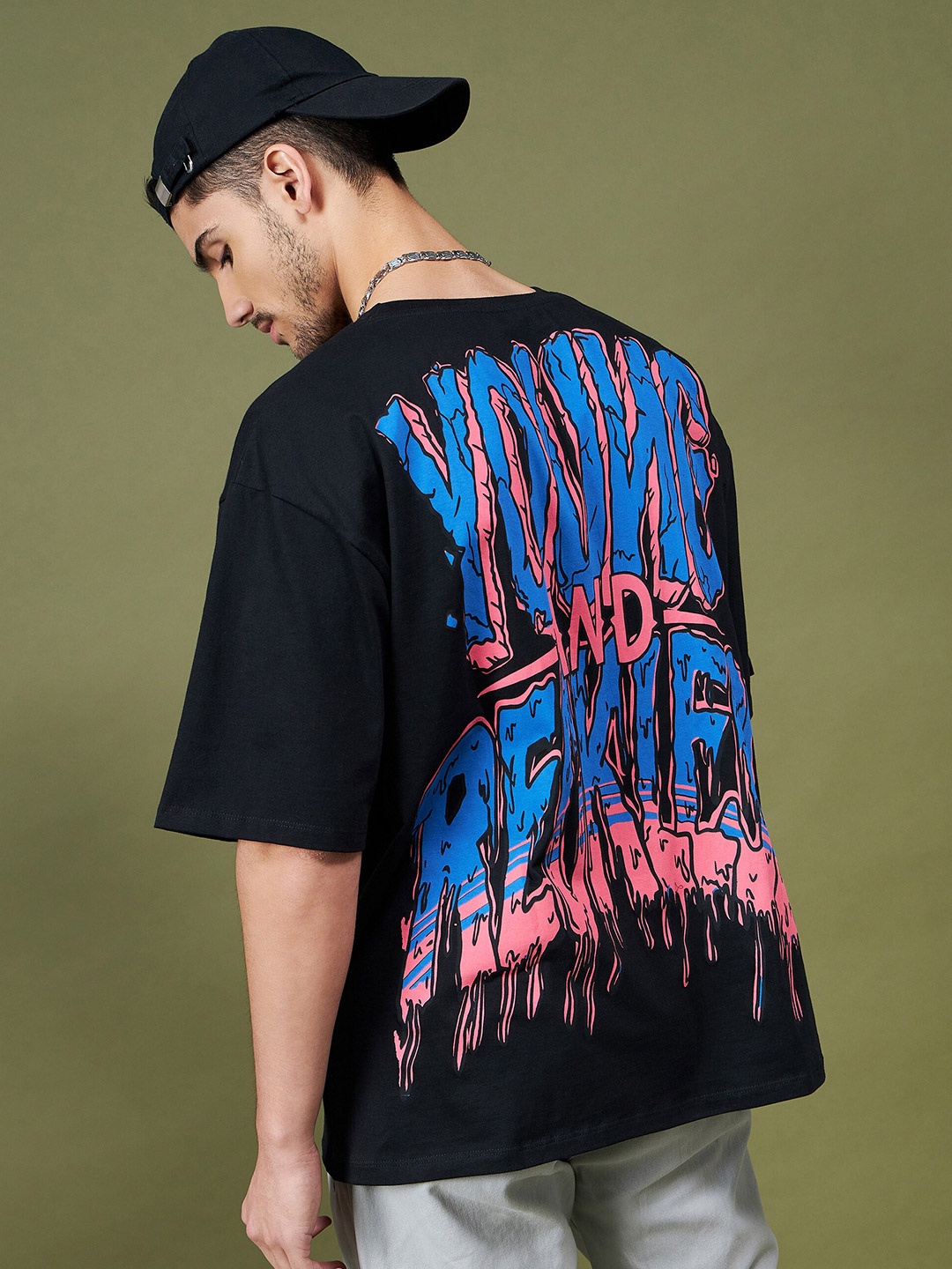 

MASCLN SASSAFRAS Black Printed Pure Cotton Oversized T-shirt
