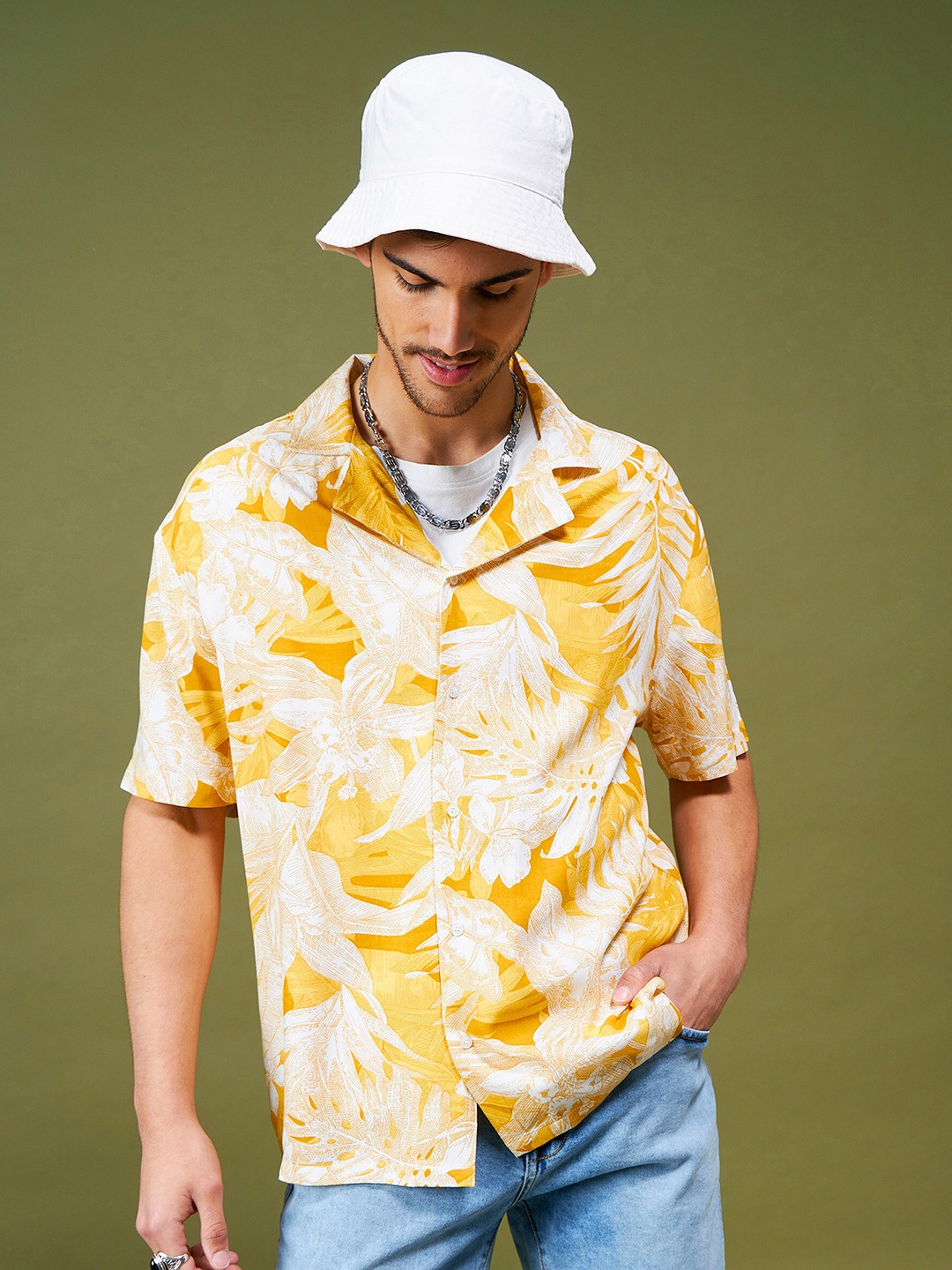 

MASCLN SASSAFRAS Yellow Relaxed Floral Printed Casual Shirt