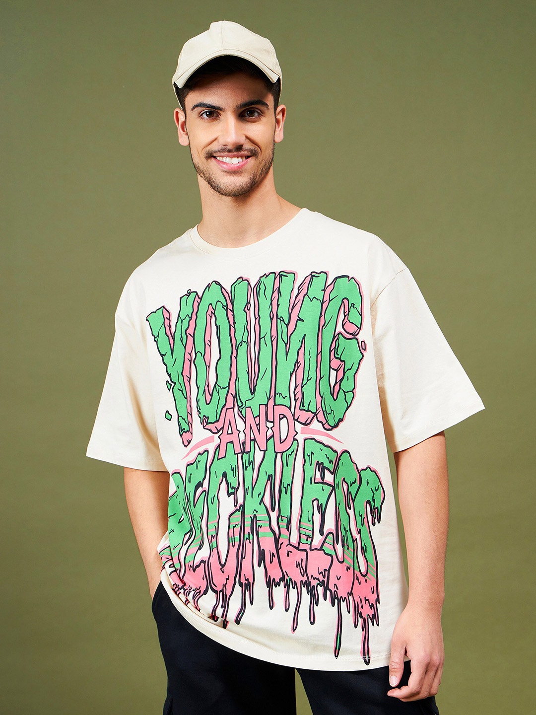 

MASCLN SASSAFRAS Beige Printed Pure Cotton Oversized T-shirt