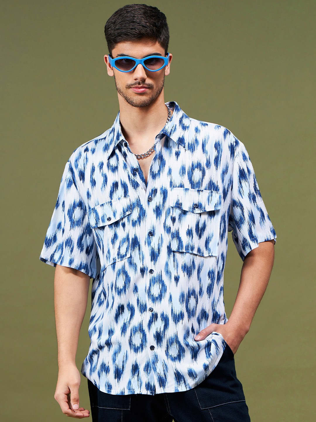 

MASCLN SASSAFRAS Navy Blue Abstract Printed Relaxed Casual Shirt