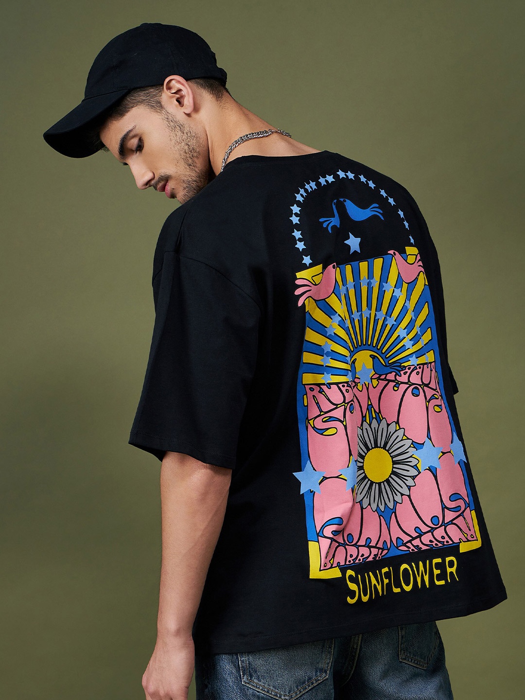 

MASCLN SASSAFRAS Black Printed Pure Cotton Oversized T-shirt