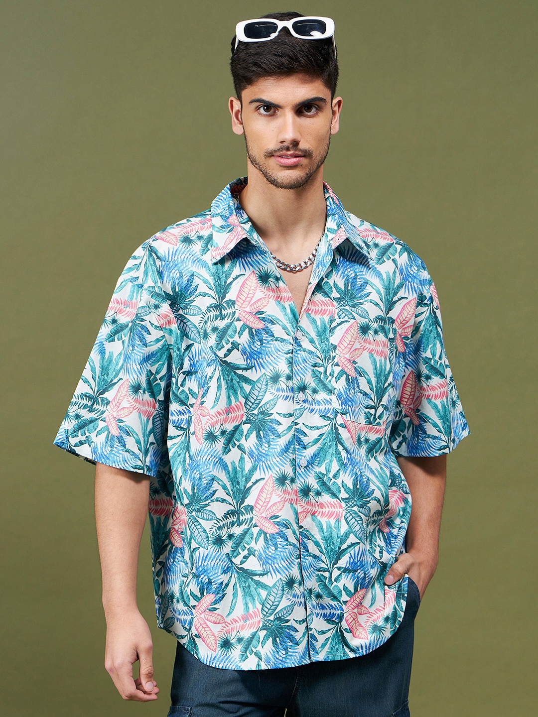 

MASCLN SASSAFRAS Tropical Printed Relaxed Boxy Oversized Oversized Shirt, Green