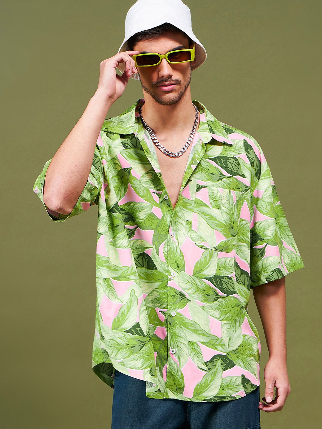 

MASCLN SASSAFRAS Green Tropical Printed Relaxed Boxy Oversized Shirt