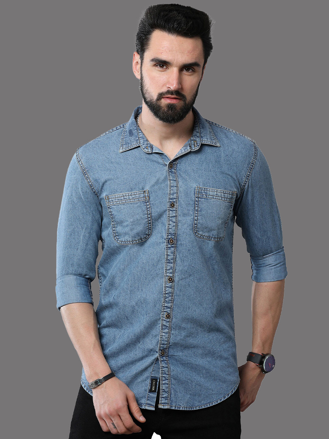 

CAZZBA Spread Collar Denim Casual Shirt, Blue